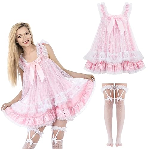 Yearntown Satin Lingerie Babydoll Ruffles Frilly Lace Nightie Negligee Halloween Cosplay Nightwear Dress and Women Fishnet Stockings Stylish Thigh High Pantyhose Women Tight Hosiery Pink, White