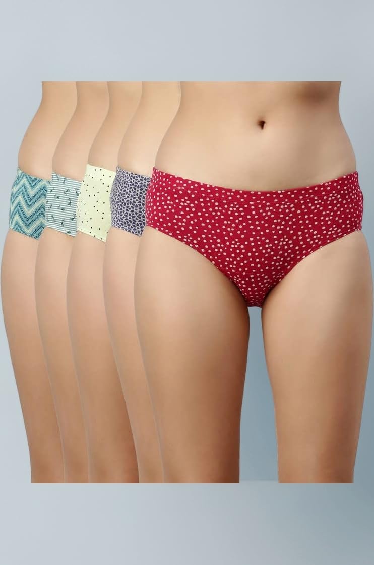 - Stretchable Cotton Hipster Panties for Women, Full Coverage Grip Fit Inner Elastic with Antimicrobial & Stain Release Technology - Color and Print May Vary - CR17 (Pack of 5)