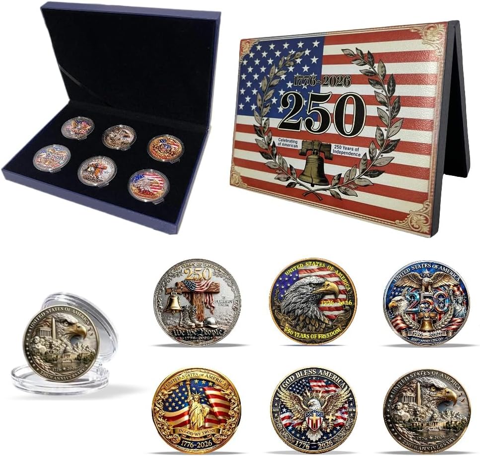 Juego de regalo de monedas conmemorativas del 250 aniversario de EE. UU. de 6 piezas, mercancía conmemorativa de monedas conmemorativas del aniversario de EE. UU. del 250 año con estuche para regalos coleccionables (azul 2)