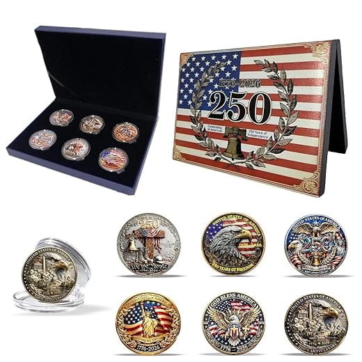 6PCS USA 250th Anniversary Commemorative Coin Gift Set, 250th Year American USA Anniversary Commemorative Coin Merch Merchandise with Case Collectible Gifts(blue 2)
