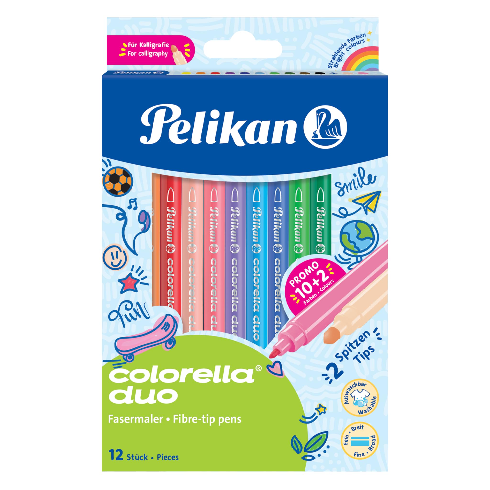 Pelikan Colorella Duo Filzstifte, 12 Stifte in 12 Farben, Doppelfasermaler