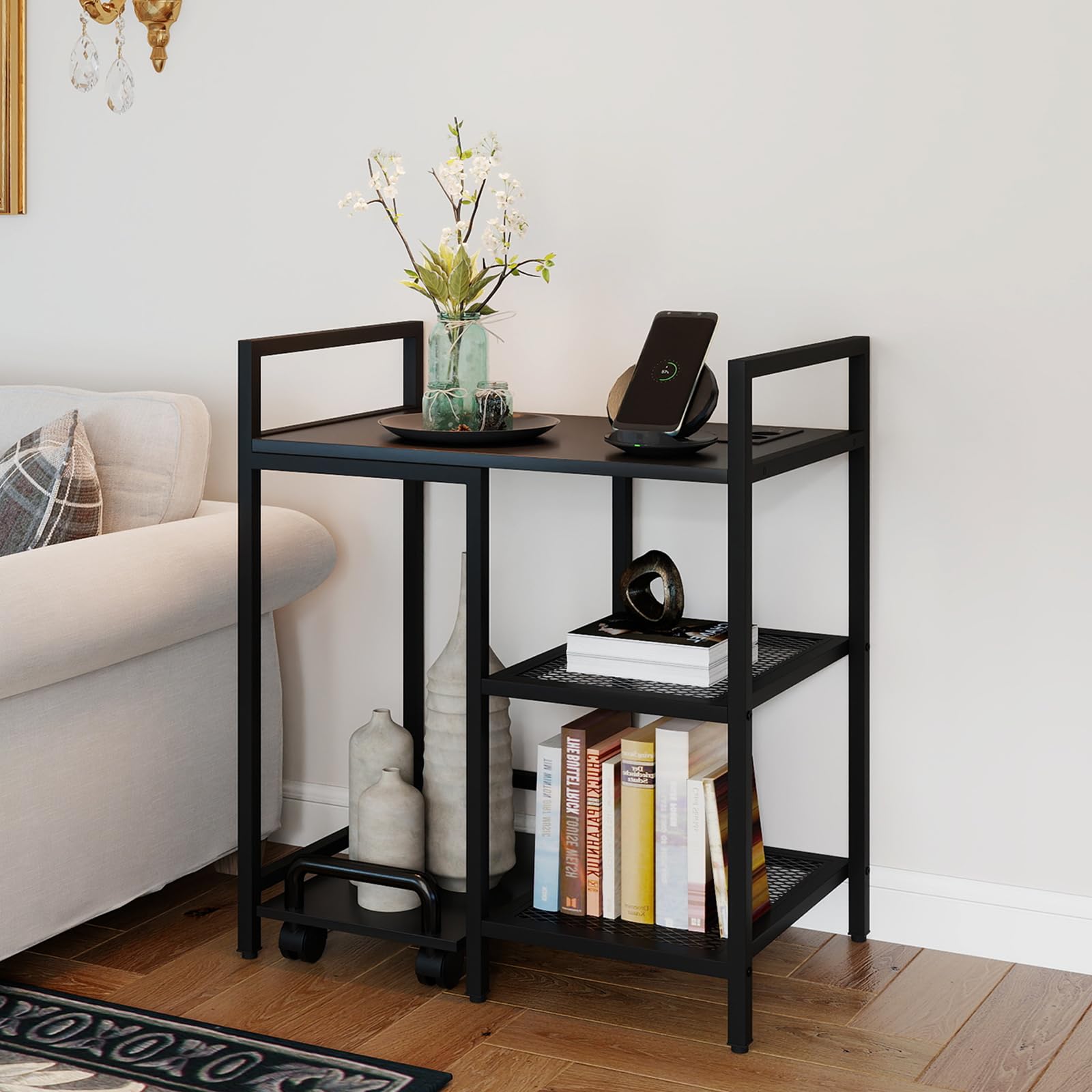 GIANTEX Mesa para Impresora con Enchufes, Mesa Auxiliar 3 Niveles con Estante Móvil con Ruedas, 63,5 x 40 x 72 cm, Soporte para Impresora para Oficina, Dormitorio, Salón (Negro)