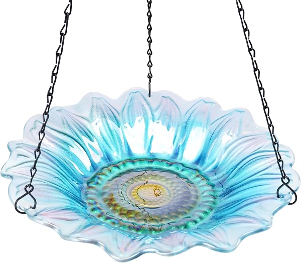 VCUTEKA Hanging Glass Bird Bath with Floral Pattern