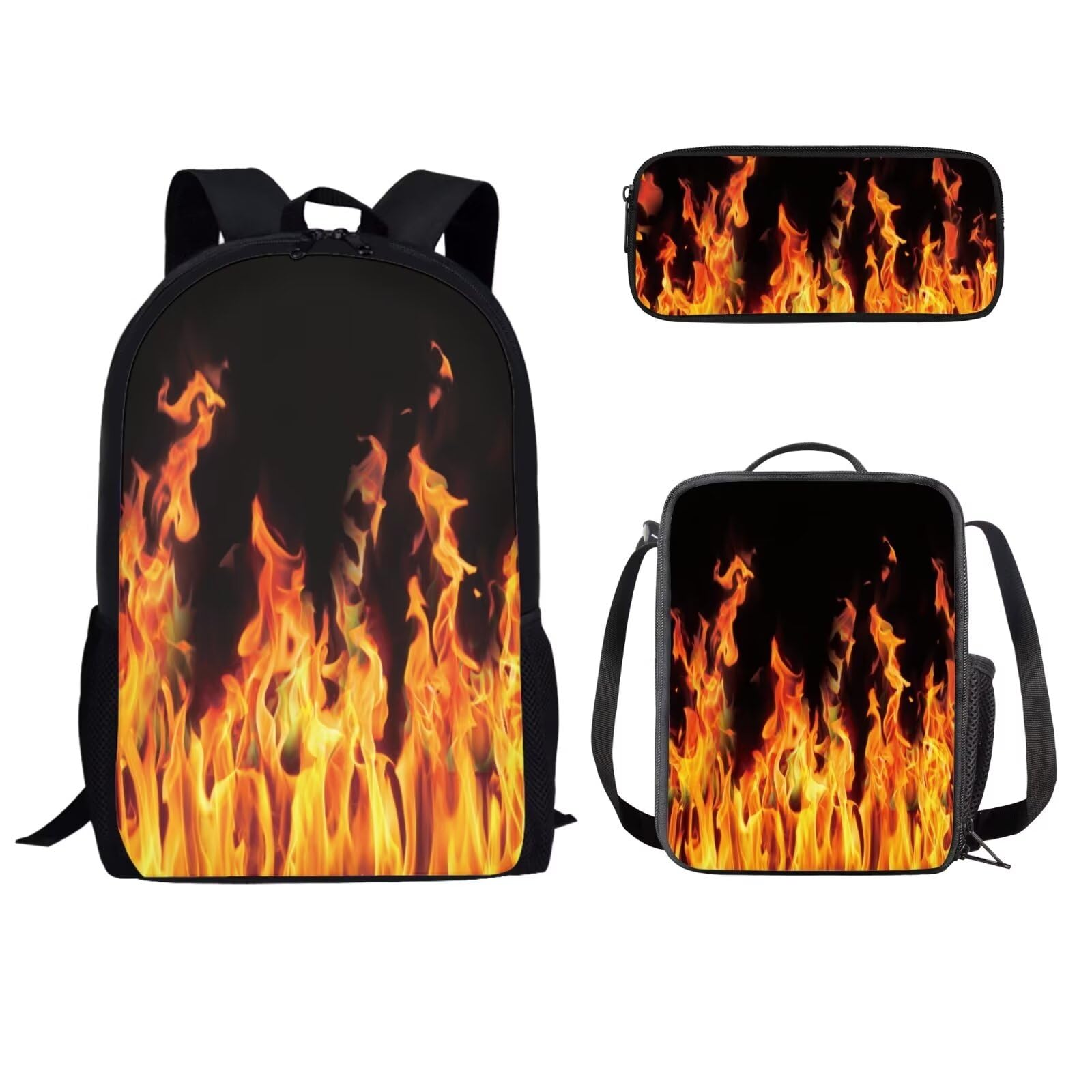 TSOVTHRID 3PCS Flame Print Boys Girls Schoolbag Set for School Travel Backpack Heavy Duty Knapsack Rucksack Lunch Bag Pencil Case