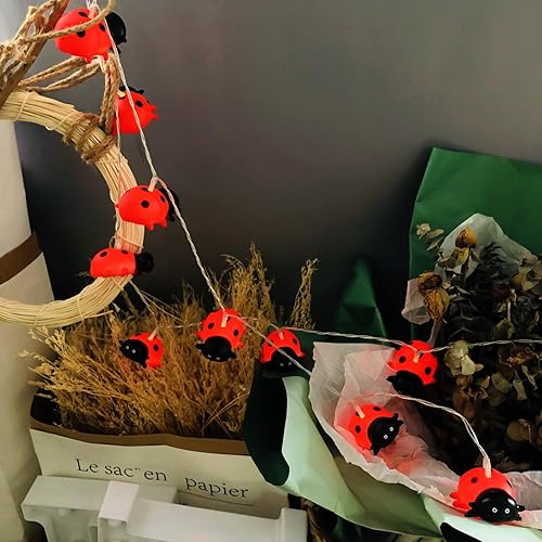 Miniatura 7 de Sezrgiu Guirnalda de luces de mariquita de 5.4 pies, 10 luces LED de hadas de escarabajo de Navidad, funciona con pilas para decoración del hogar,