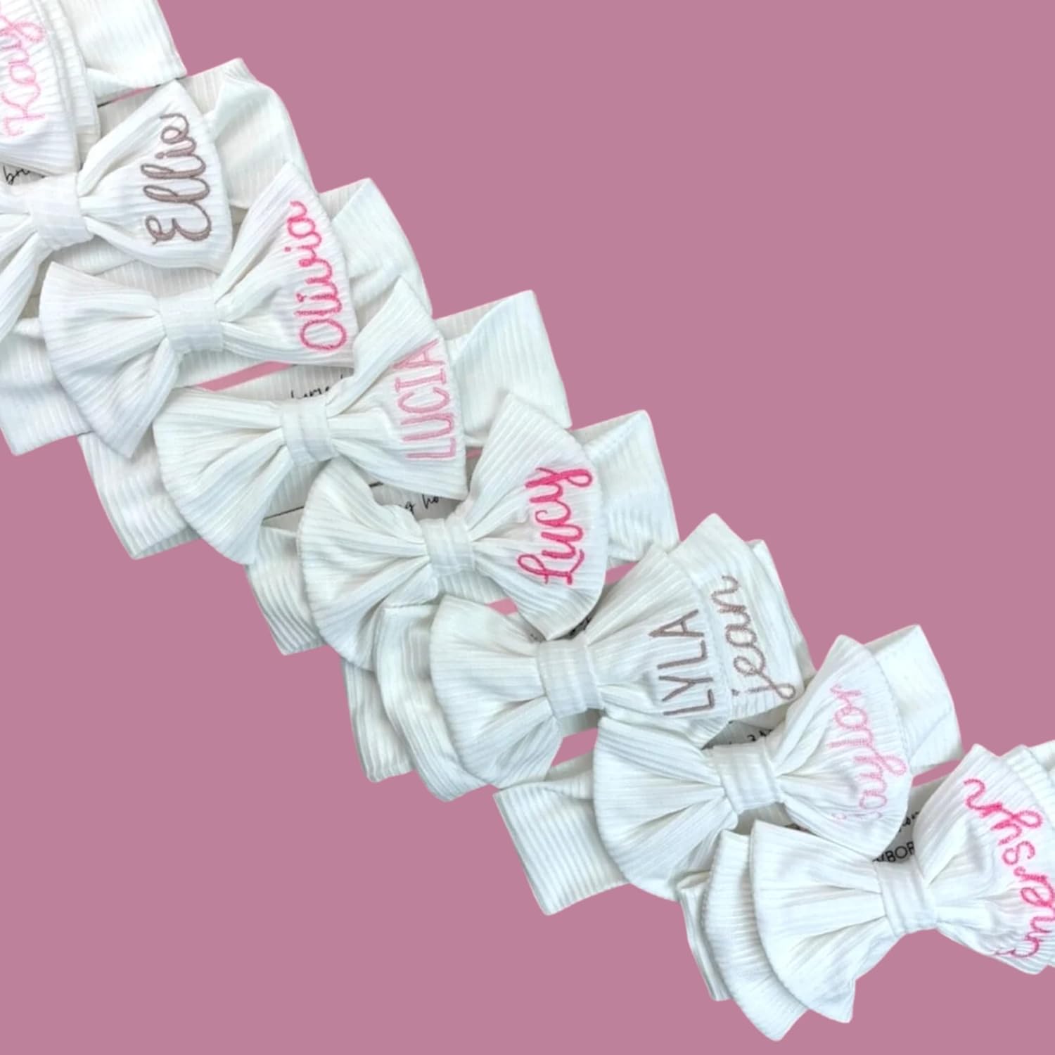 Personalized Girl Bow Headband for Baby with Baby Girl's Name; Perfect, baby shower gifts, everyday wear & photography. Custom soft stretchy bow headband. Made in USA.