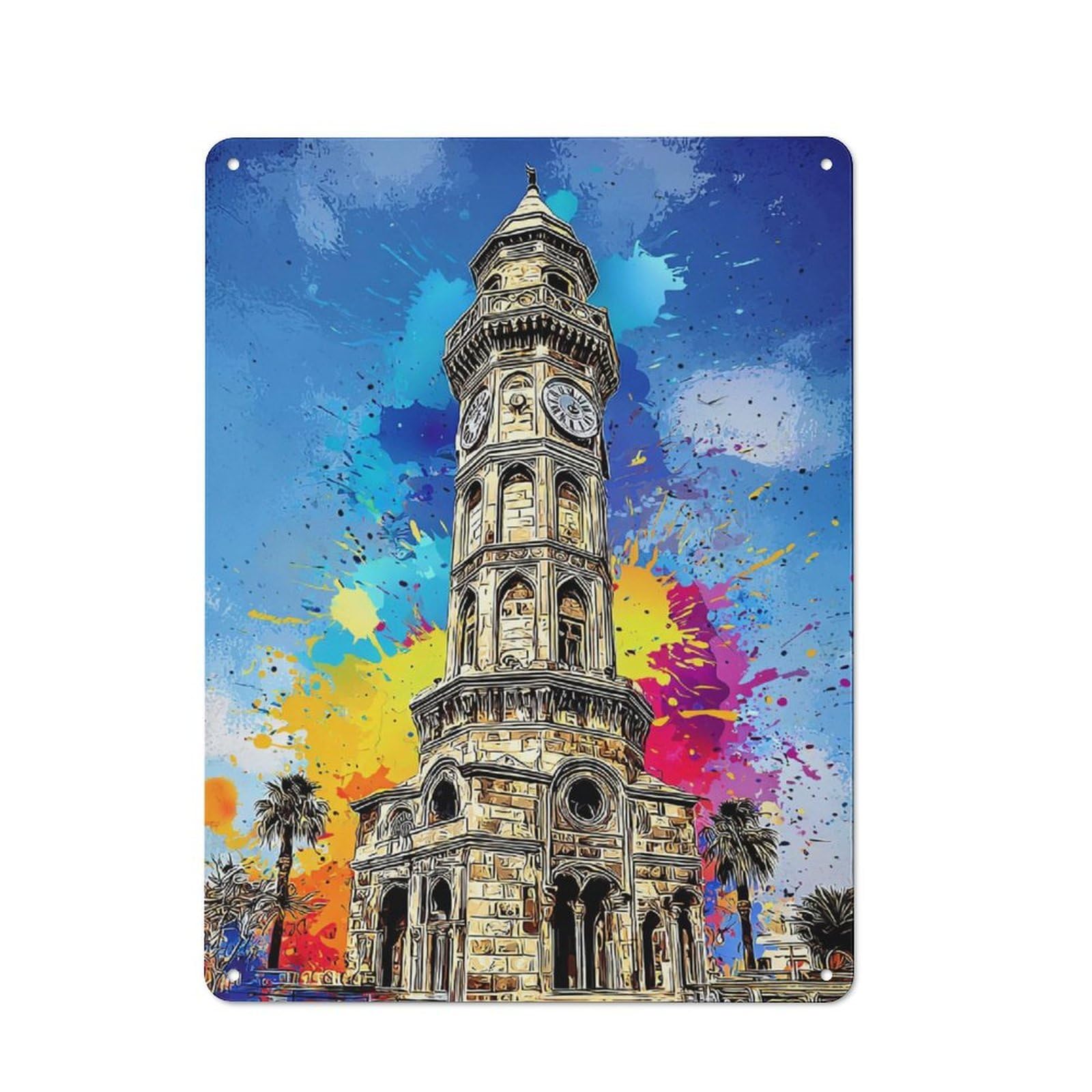 Junmoney Colorful Clock Tower Painting Simple Retro Metal Wall Plaque 40X30cm, Creative Space Decor For Office, Study, Studio Or Hallway