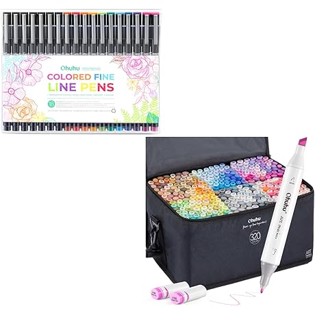 OHUHU Marker Pens 320 Pack - 11 Vibrant Colored Fineliners and 7...