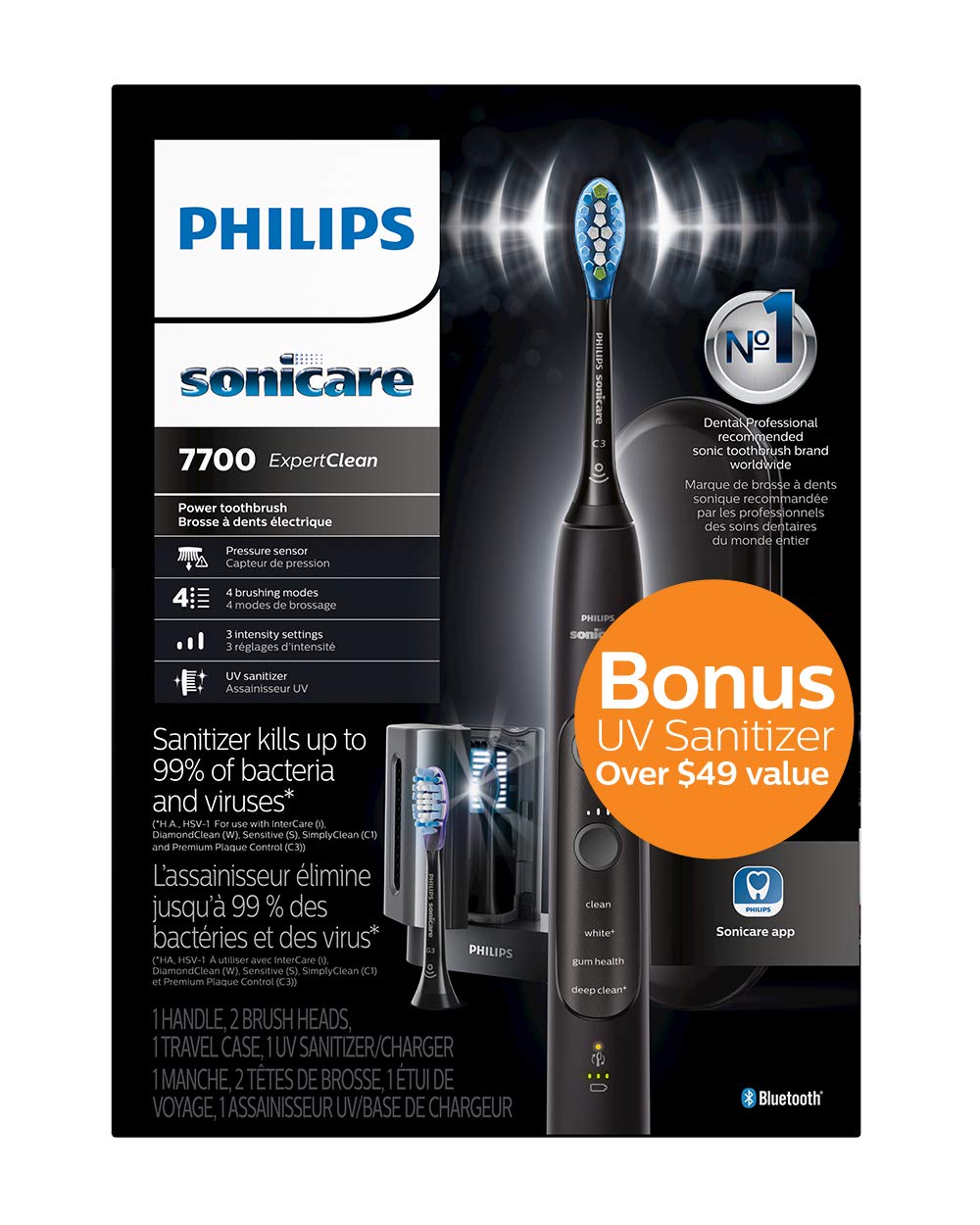 PHILIPS Sonicare ExpertClean 7700 Rechargeable Electric Toothbrush with Bluetooth and UV Sanitizer, HX9630/15, Black