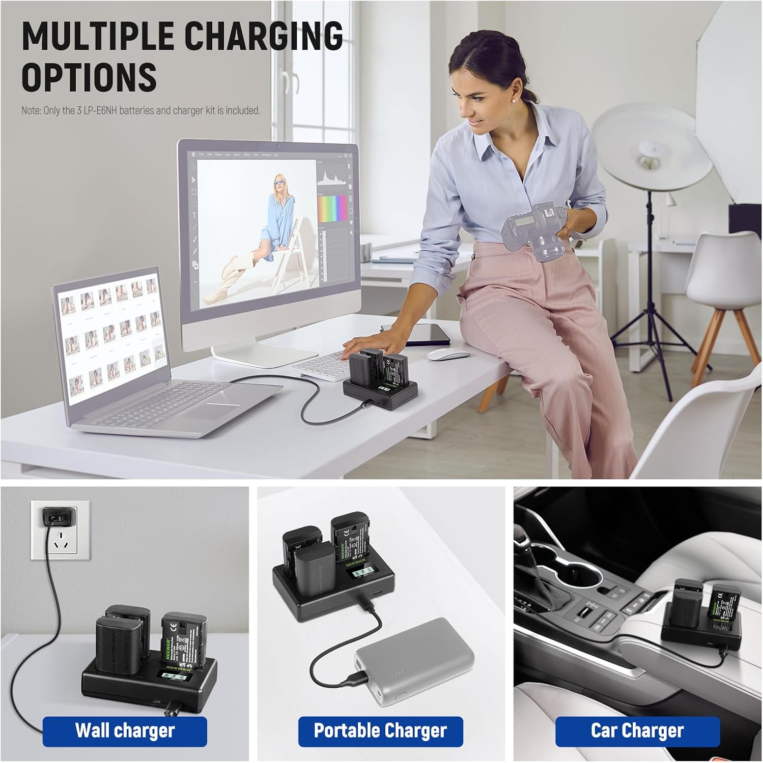 NEEWER Replacement Battery and Charger Set for LP-E6NH, 3 Pack 2250mAh Batteries and Triple Slot USB Charger, Cleaning Cloth, Compatible with Canon EOS R7 R5 R6 R6 II R 5DIV 6DII 7DII 80D 90D