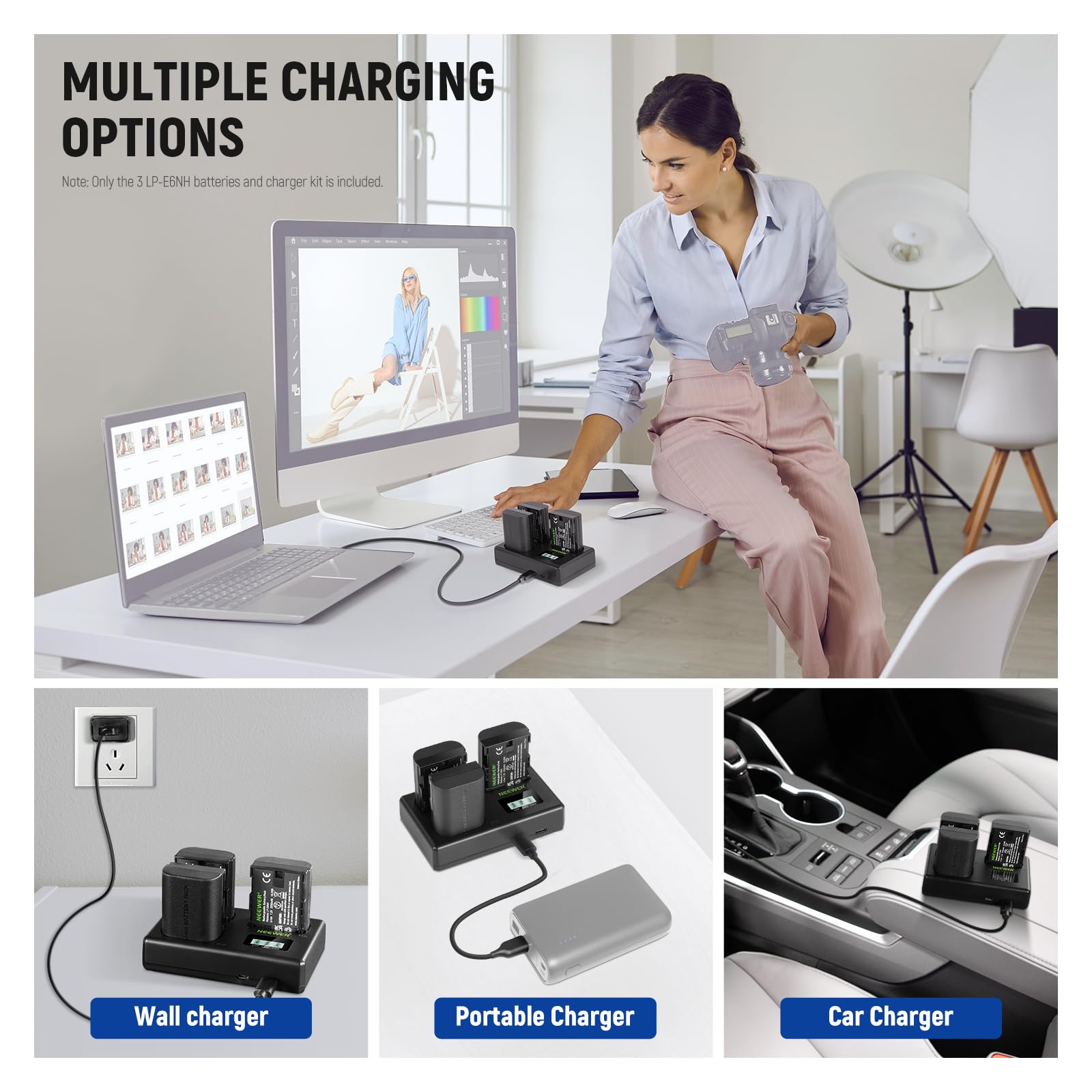 NEEWER Ersatzakku und Ladegerät Set für LP-E6NH, 2250 mAh Ersatz für LP-E6NH Akku & USB Ladegerät mit DREI Steckplätzen Kompatibel mit Canon EOS R7 R5 R6 R6 II R, 5DIV, 6DII, 7DII, 80D,90D