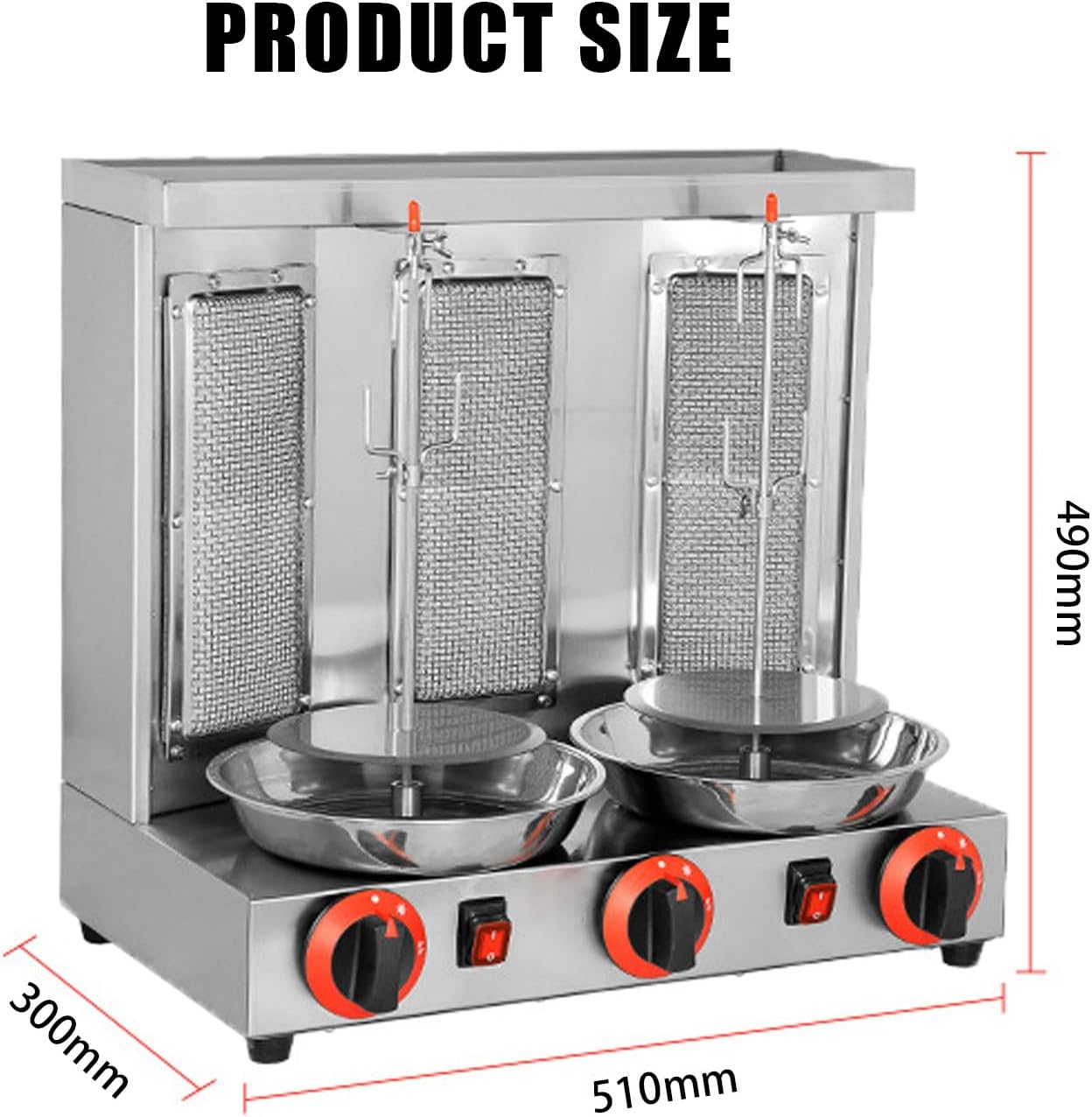 Gas Rotating Vertical Rotisserie Grill, 360° Rotating Doner Kebab Grill Machine, with Burners, Gas Fuel Rotisserie Equipment, for Restaurant Home Kitchen Use,Silver-L