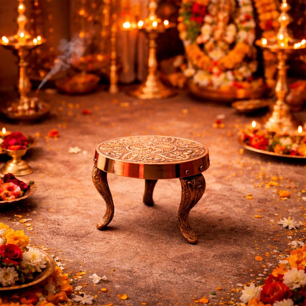 Pure Brass Small Mukali Stand/Puja Diya Stool for Home Office|Peeta|Pooja Stool|Kamatshi Diya Stool (Stand)|Brass Chowki|God Deep Decor Sitting Table|Mukkali Trumpet||7.5 cm Height|-image-29