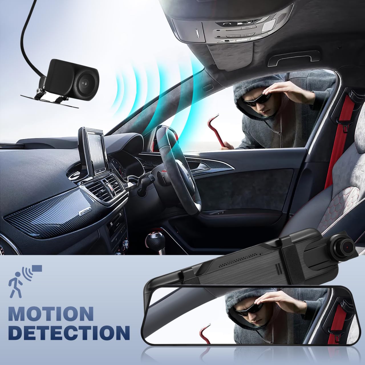 Illustration of motion detection, showing a dash cam detecting a person attempting to break into a car.