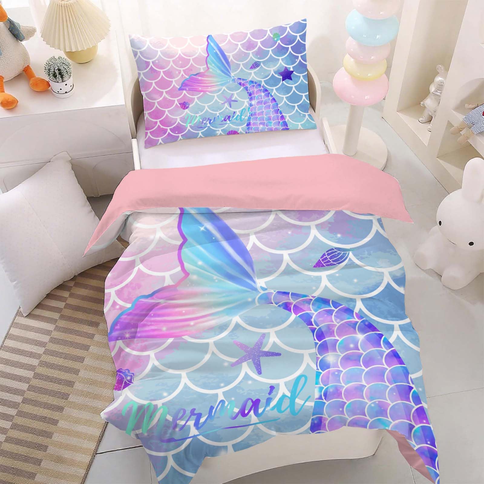 HOMHOMHA Cot Bed Duvet Cover Set 120x150cm-Enchanting Mermaid Toddler Duvet and 40x60 cm Pillow Set- Soft Microfibre Toddler Bedding for Girls Nursery