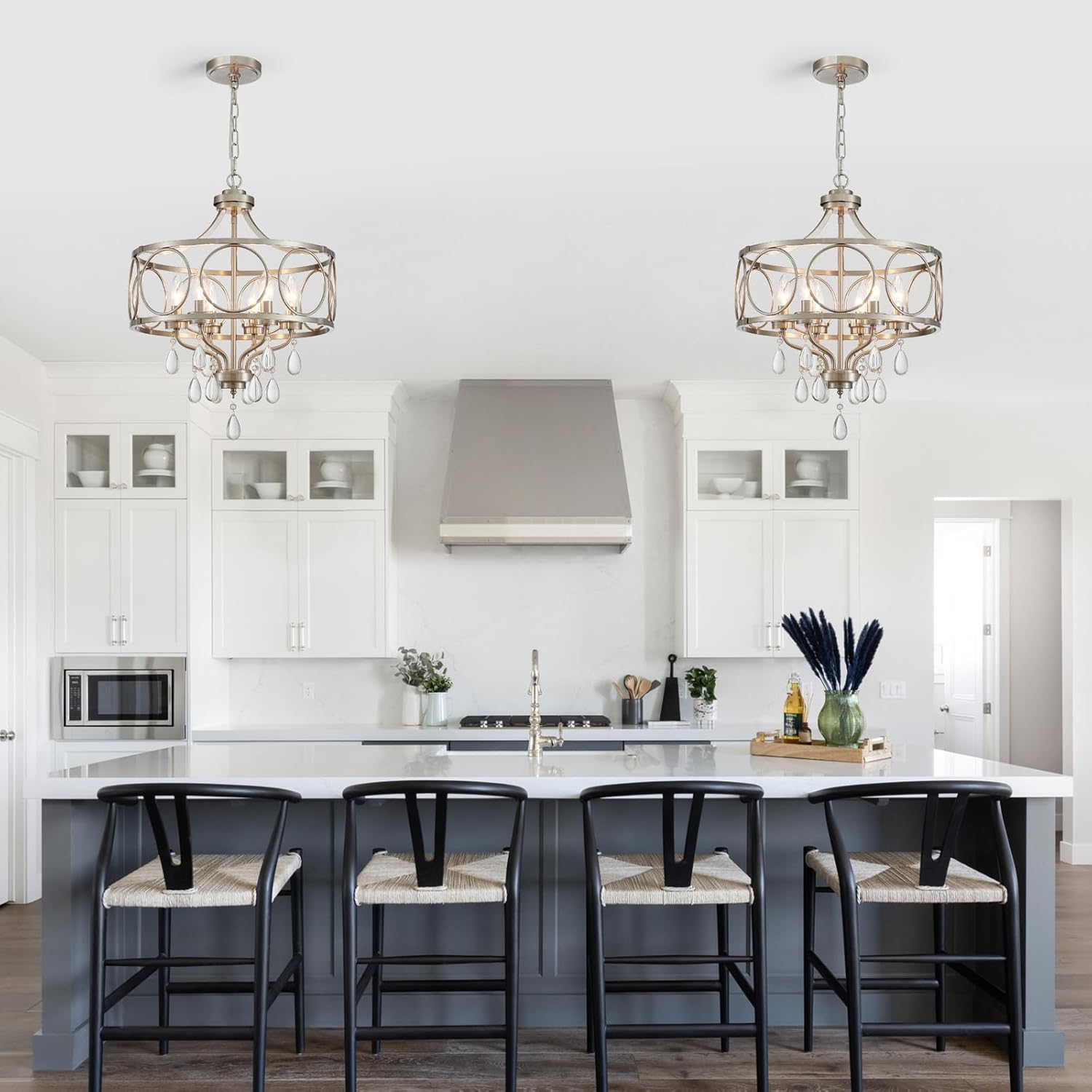 Crystal Chandeliers for Dining Room,17.7" Brushed Nickel 6 Lights Hanging Pendant Lighting Fixture Metal Farmhouse Chandelier for Kitchen Island Entryway Living Room