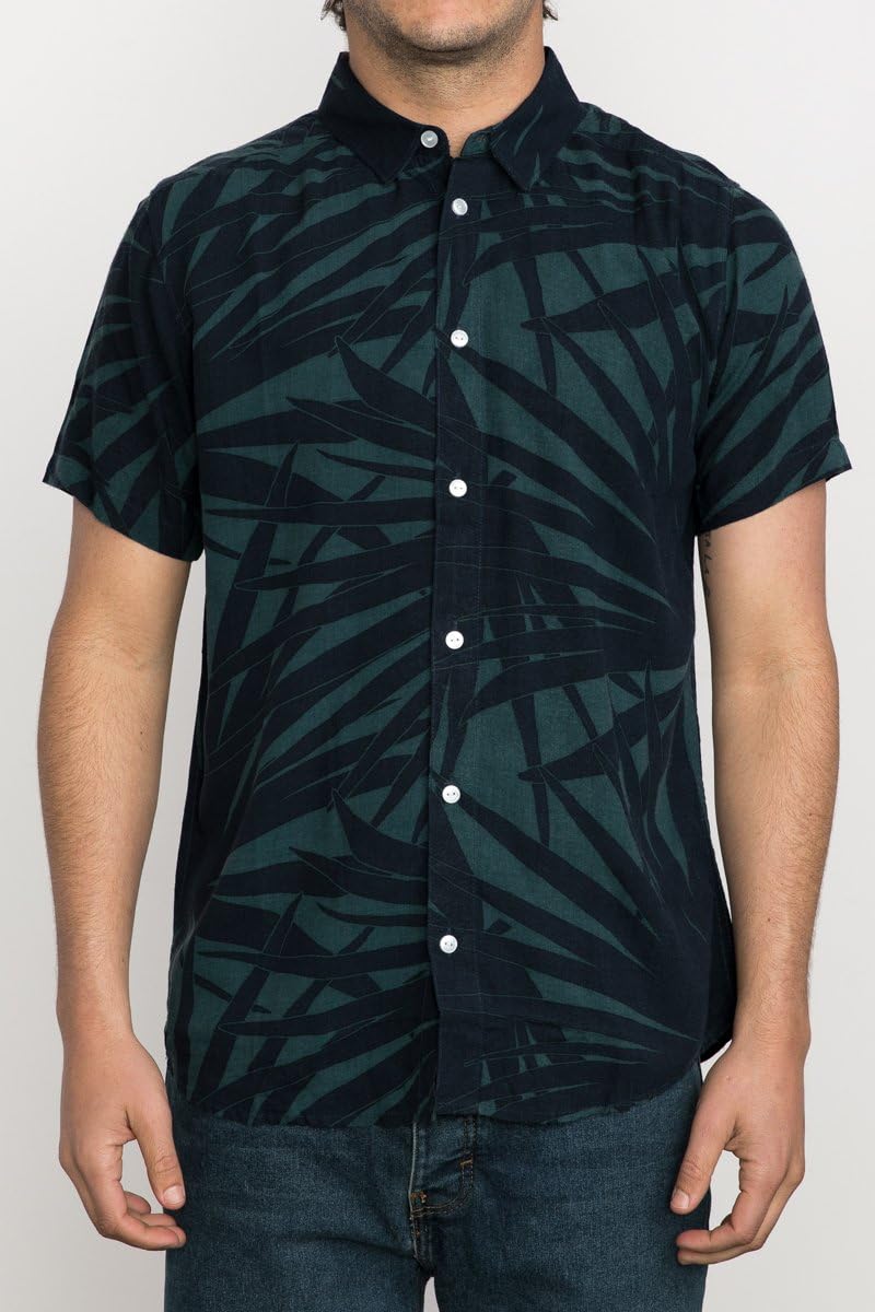 RVCA Men's Dayoh Short Sleeve Shirt, Pine Tree, Medium