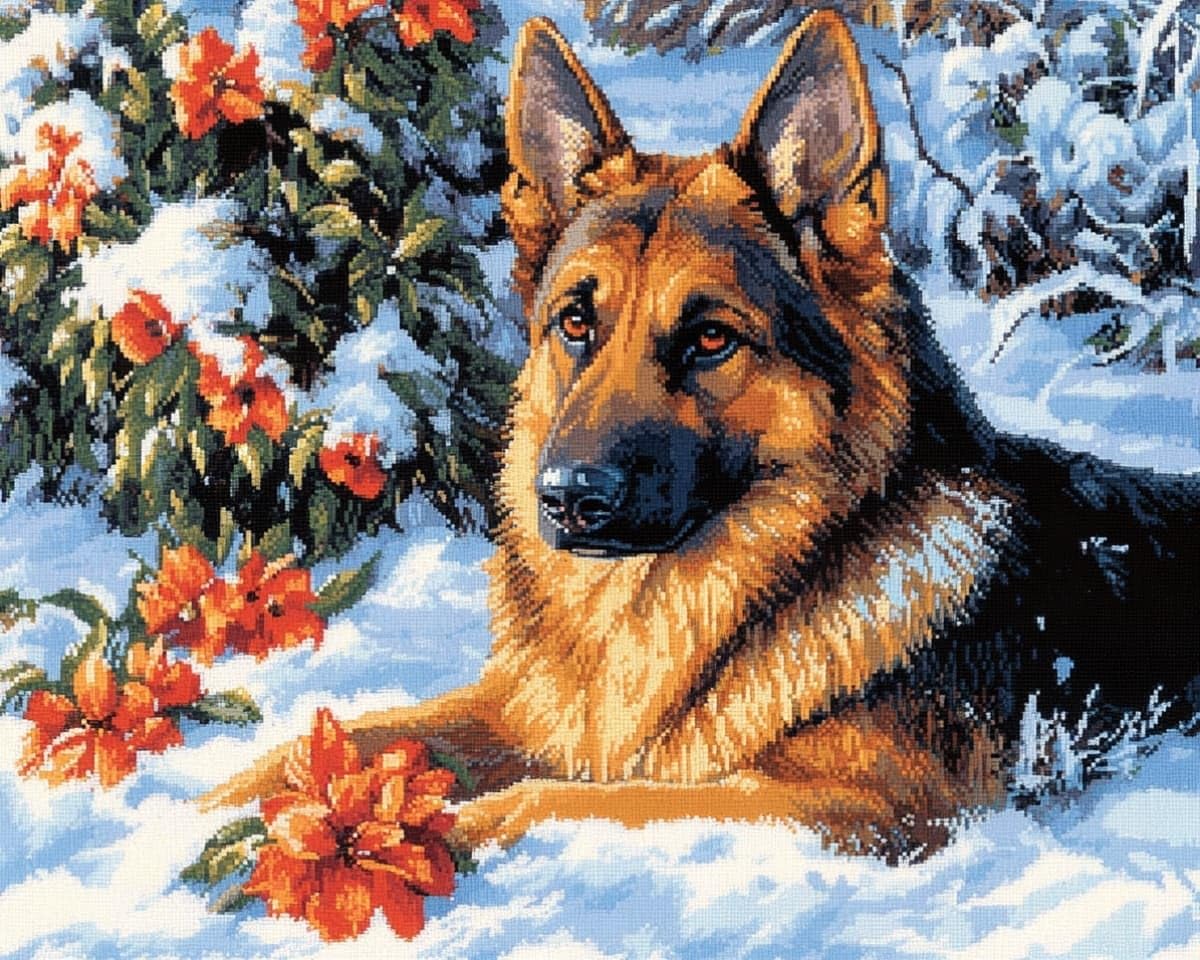 AxiangziK DIY Crafts Cross Stitch Kits for Beginners,German Shepherd in the Snow 12x16in Pre Printed 11ct,DIY Stamped Embroidery Starter Kit for Adults Easy Sewing Set Home Decor