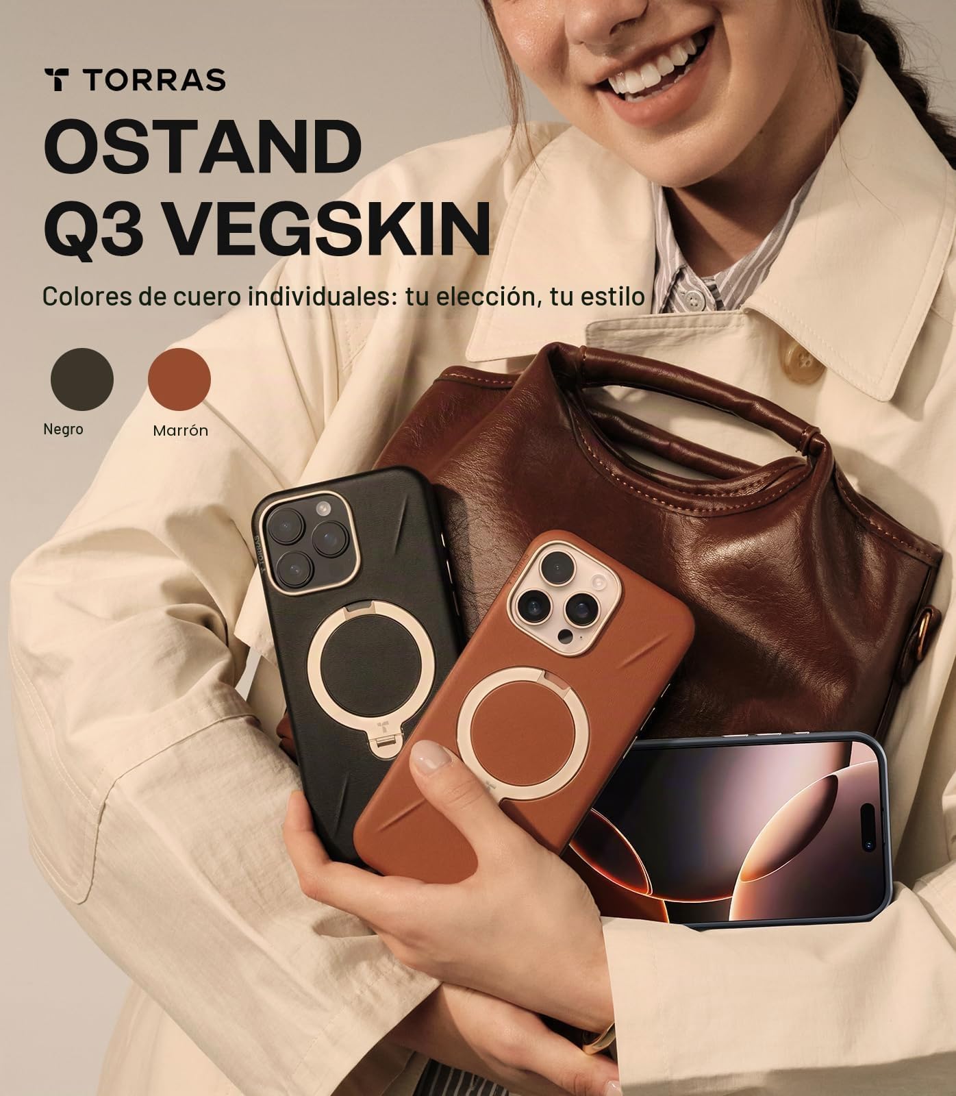 TORRAS Ostand Q3 VegSkin - Funda para iPhone 16 Pro Max (piel de silicona sostenible) (soporte magnético invisible 360°), tacto premium, duradera, funda iPhone 16 Pro Max Case noble estructura de piel