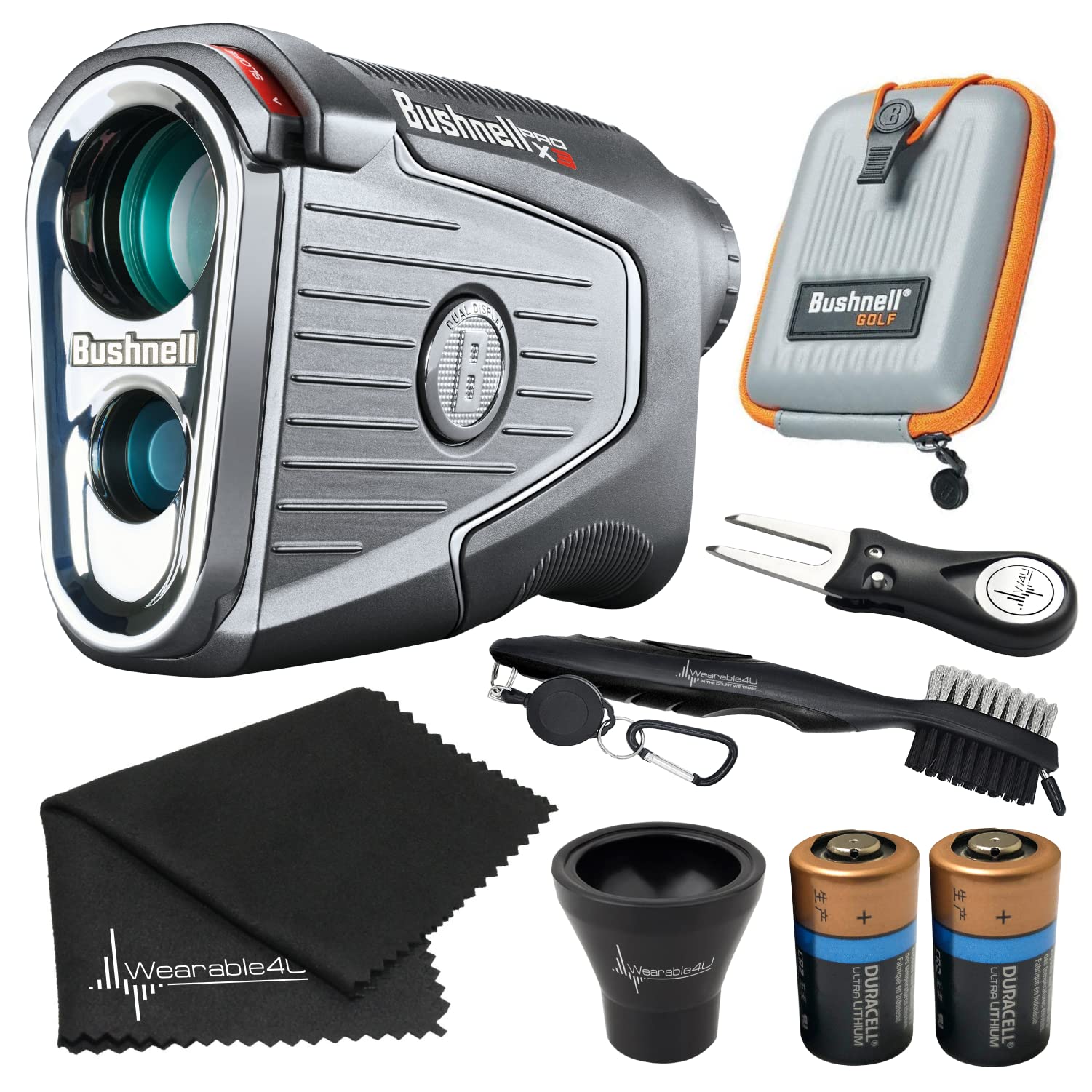 Bushnell PRO X3 / Pro X3+ (Plus) Advanced Laser Golf Rangefinder with Included Carrying Case, Carabiner, Lens Cloth, and Selected Wearable4U Bundle