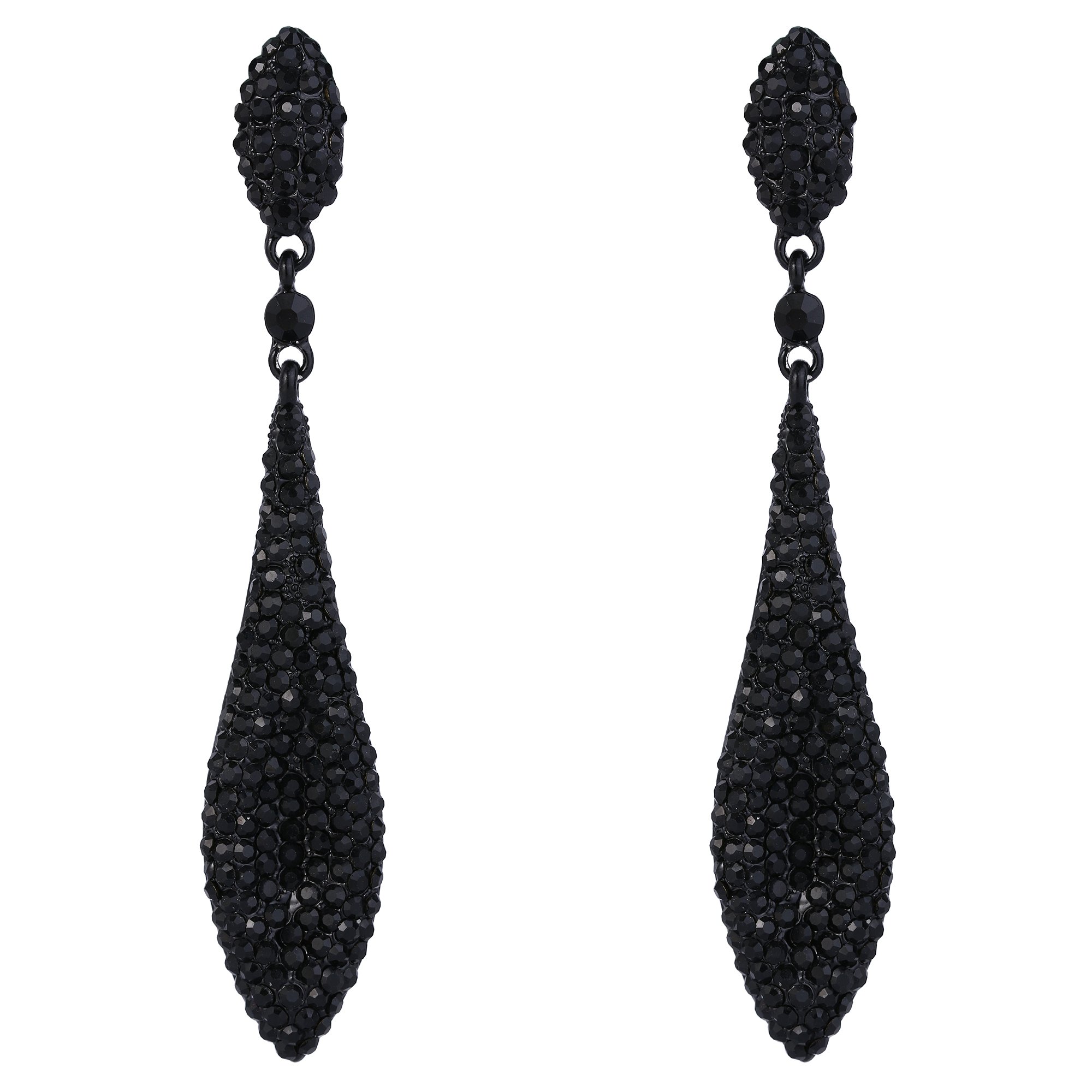 Women's Austrian Crystal Double Waterdrop Pierced Dangle Earrings Jet Color Black-Tone