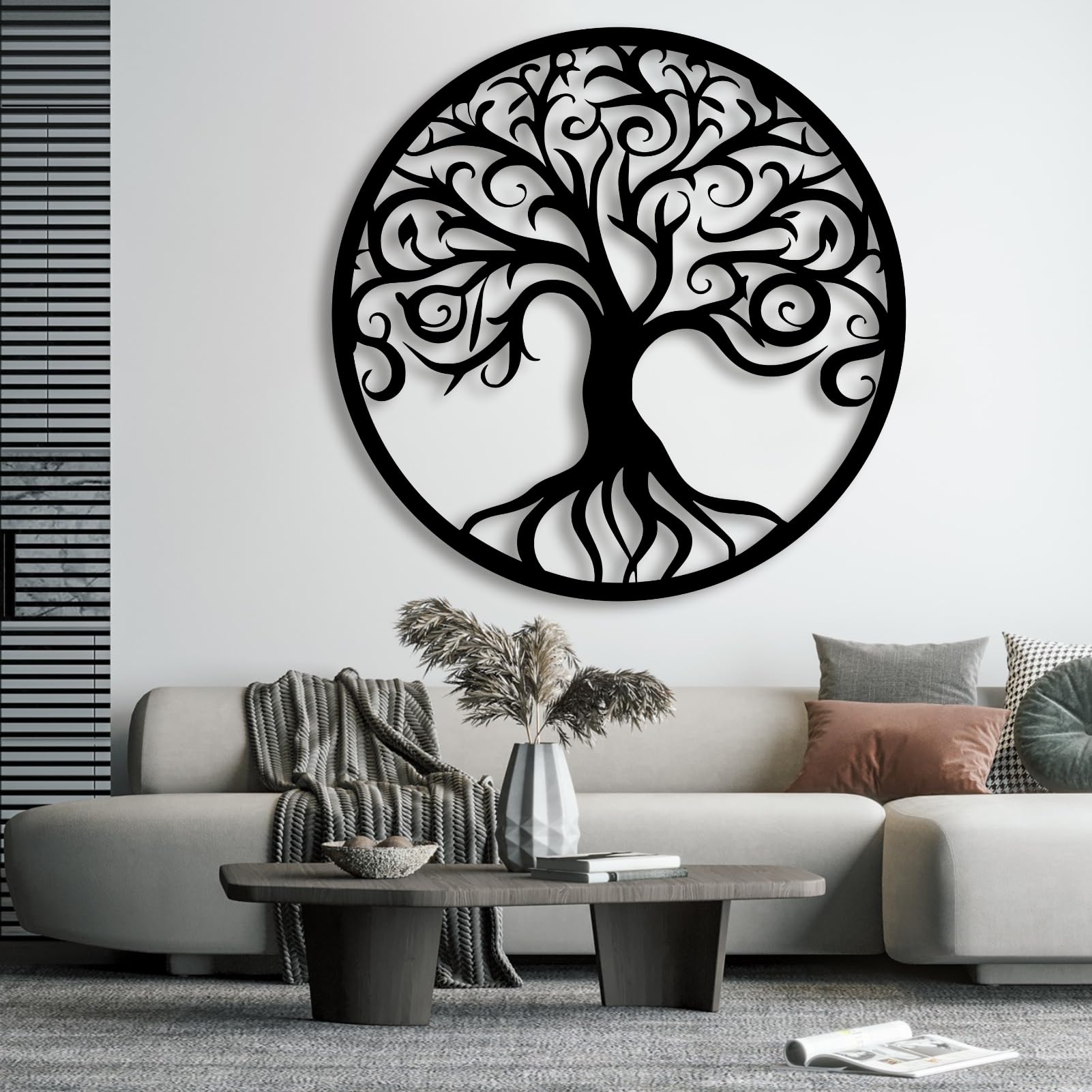 Nowoczesna minimalistyczna metalowa sztuka ścienna, dekoracja, drzewo życia, do salonu, sypialni, jadalni, biura (70 x 70 cm, styl 8)
