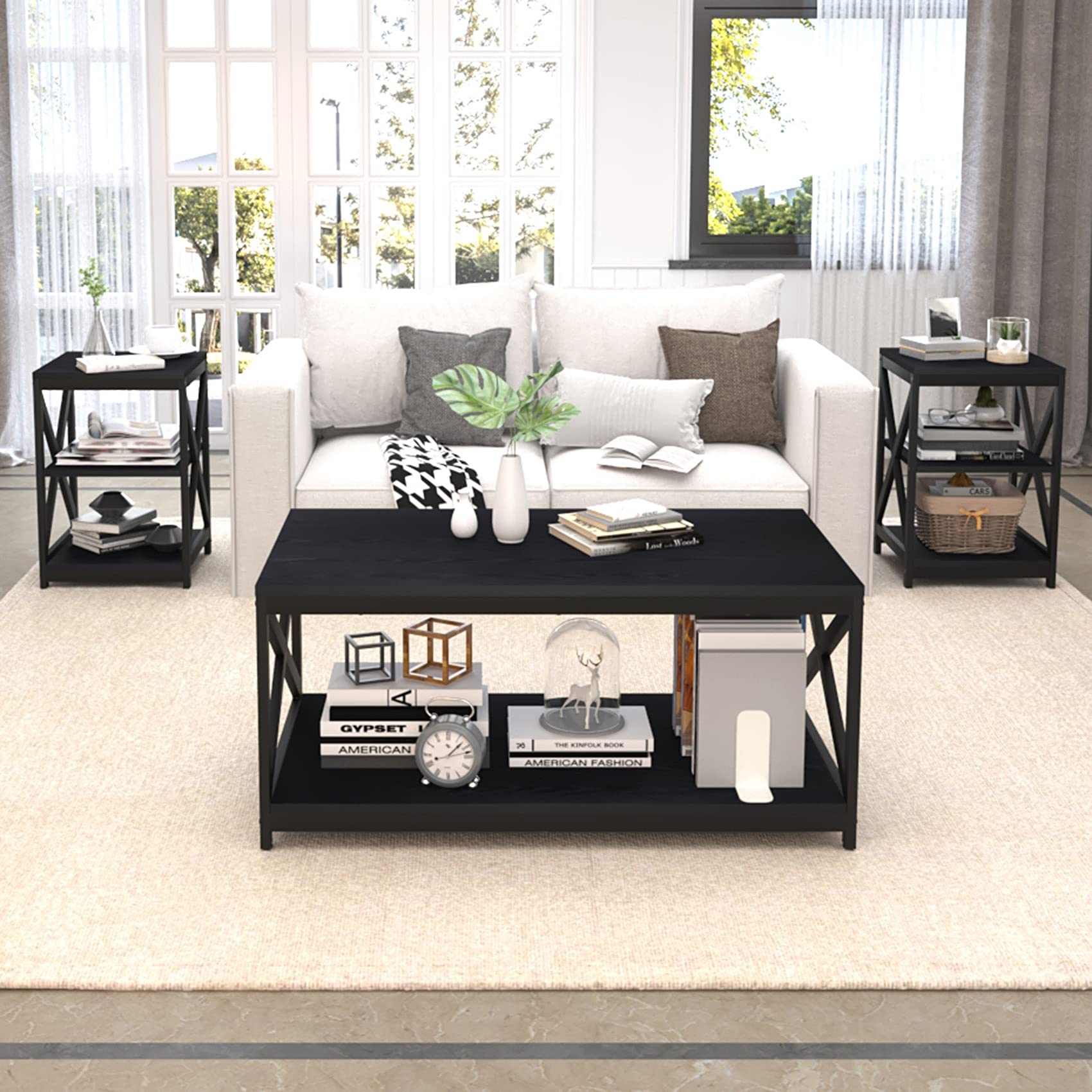 Frmobepts Coffee Table Set of 3, Living Room Table Set with Storage, Industrial X-Design Coffee Table and 2 End Side Tables, Modern Design for Apartment Home, Rustic Brown not Black