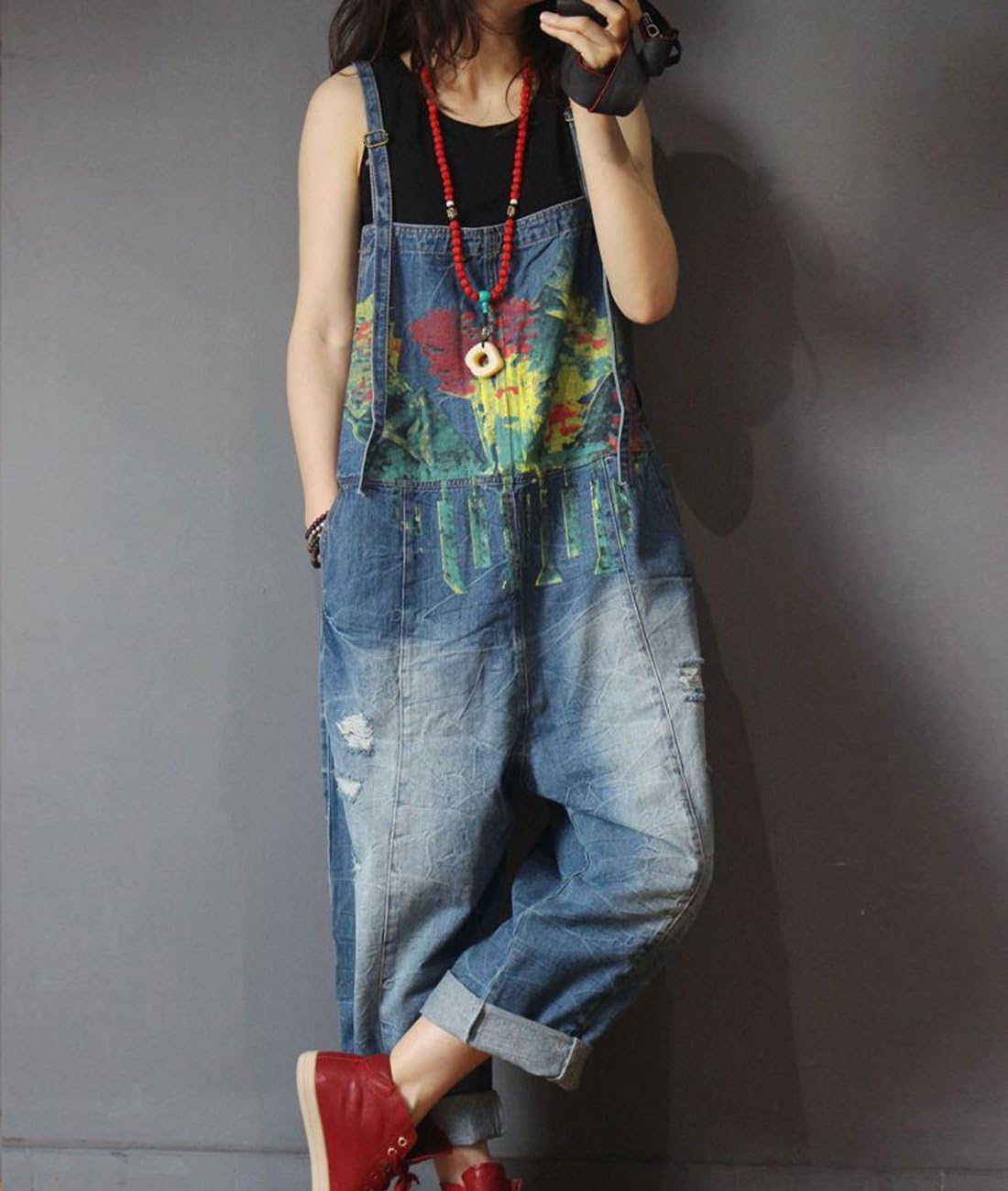 YESNO P60 Women Jeans Cropped Pants Overalls Jumpsuits Hand Painted Poled Distressed Casual Loose Fit