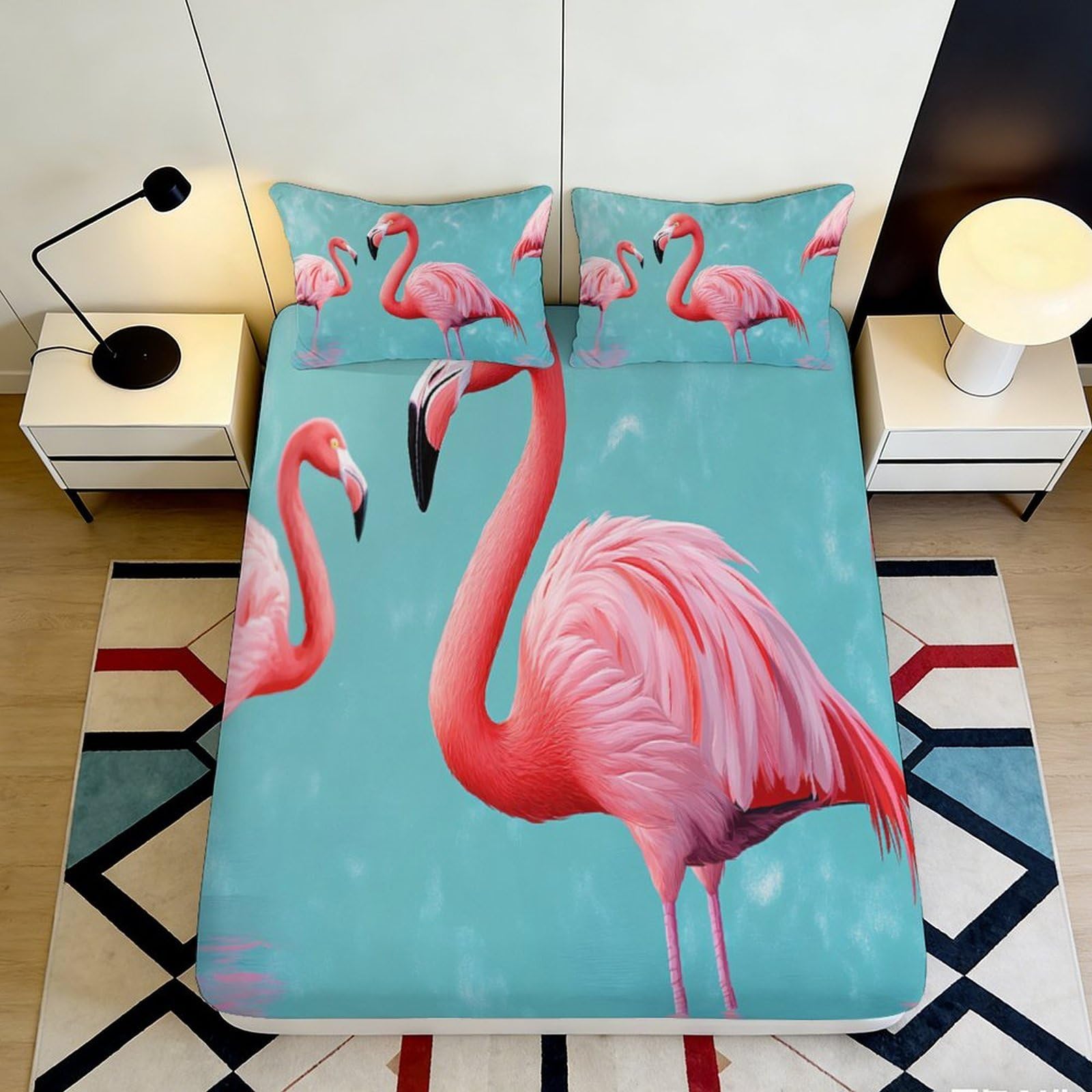 3D Printed Flamingo Tropical Fitted Sheet Microfiber Pink Blue Art Mattress Cover for Bedroom Guest Room Dorm Decor 160x200x25cm