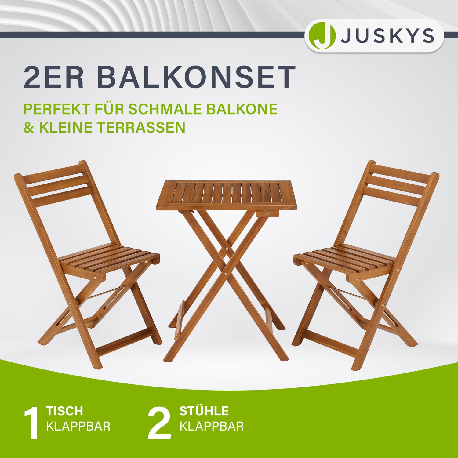Juskys Balkonmöbel Set Bala - Sitzgruppe 3 teilig aus Holz für 2 Personen, klappbar, platzsparend - Gartenmöbel Tisch Stühle Balkonset Klappstuhl