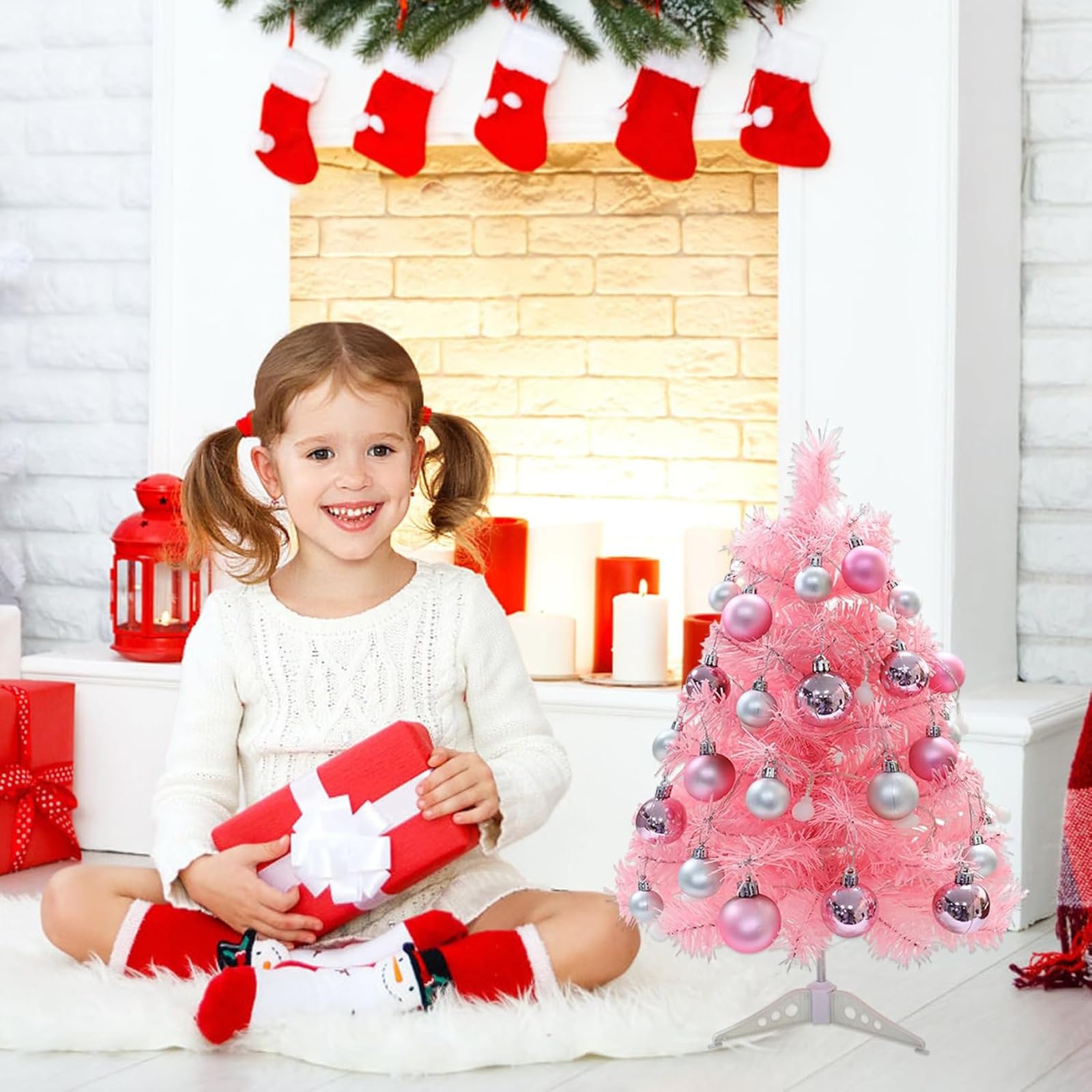 Albero di Natale piccolo rosa da 60 cm con 24 palline, albero di Natale artificiale da tavolo for decorazioni natalizie di Capodanno Piante artificiali