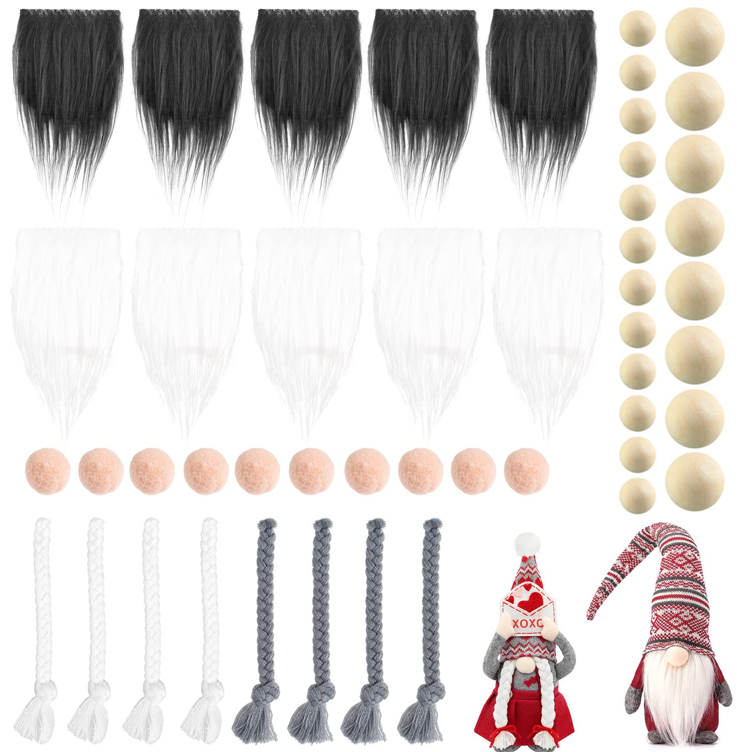 CHZIMADE48PCS Gnome Doll Making Kit, 10PCS Faux Fur Pre-Cut Gnome Beard with 10PCS Plush Nose and 4Pair Braids, 20 Pieces Unfinished Wooden Balls for DIY Gnomes and Holiday Gifts (White+Grey)