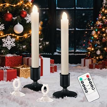 Verdenu 2 Pack Christmas Window Candles with Mental Holder, Battery Operated Flameless Taper with Timer Remote, LED Candles with Suction Cups for Christmas Decorations, Black