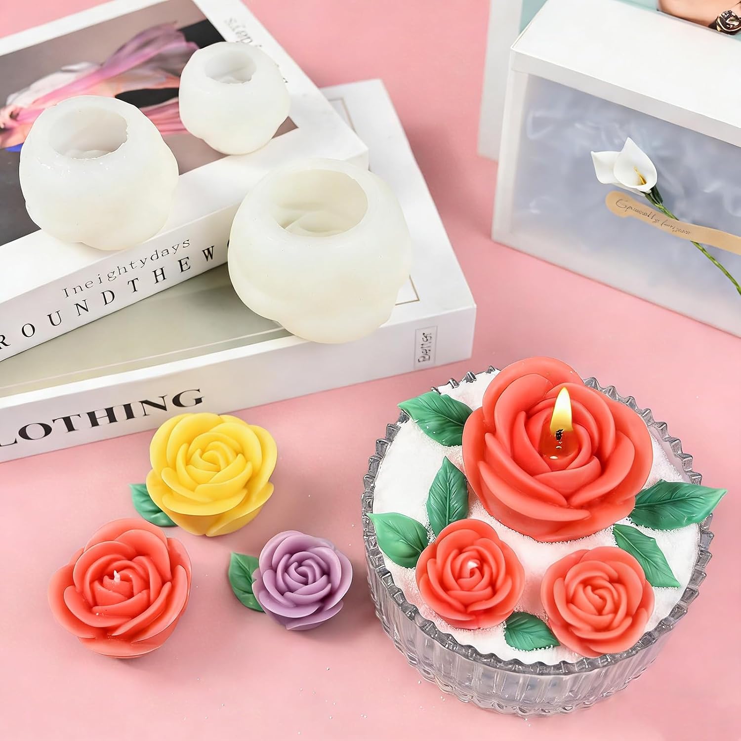 Rose Candle Molds, 4 Pcs Set of Large + Medium + Small 3D Rose Flower Silicone Molds with Leaf Mold for Candle Making, Epoxy Resin Casting, Handmade Soap Clay Plaster Home Décor Mom Gift