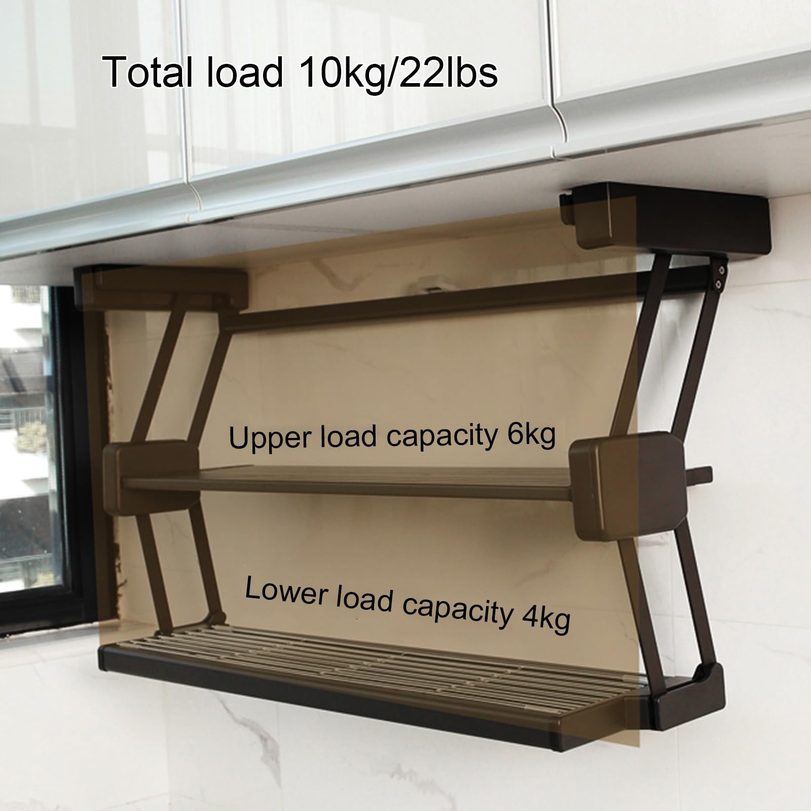 Doppelt anhebbares, herunterziehbares Lagerregal, unter dem Hochschrank, klappbares Regal für Gewürze, Geschirr, einziehbares Drop-Down-System (D8.3xh17.3 W)