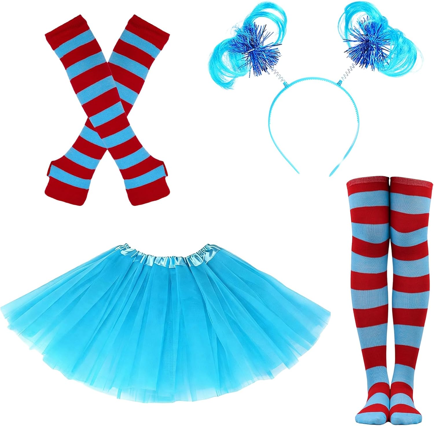 Xerteam Festival Thing Costume Adult, Tulle Tutu Ponytail Headband Striped Knee Socks Striped Gloves