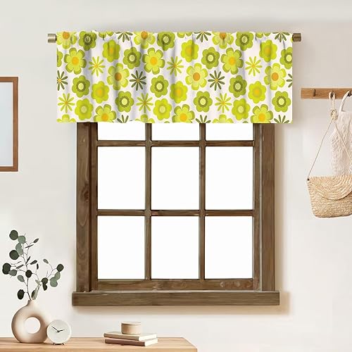 Cortina de cenefa floral de los años 70, diseño retro con estampado de flores amarillas y verde lima, estilo de los años 70 y 60, cenefa con 70