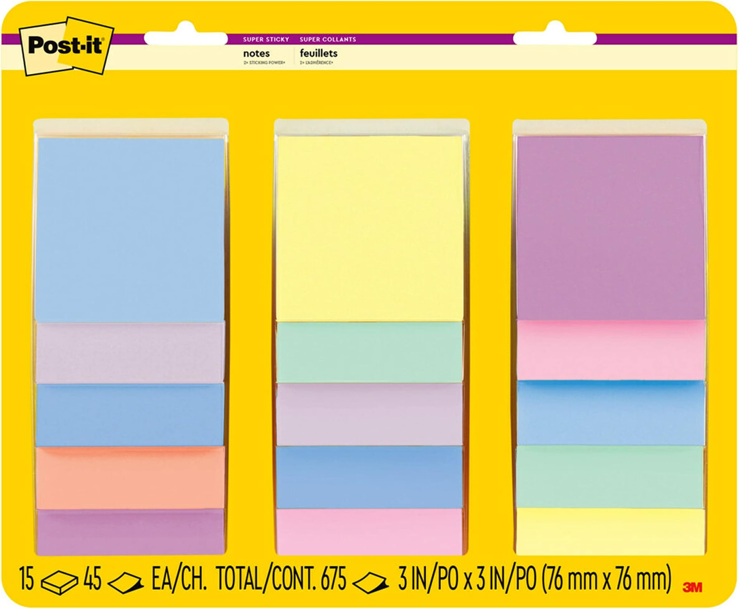 Post-itSuper Sticky Notes, 3x3 in, Assorted Pastel Colors, 15 Pads, 2X The Sticking Power, Recyclable (654-15SSPS)