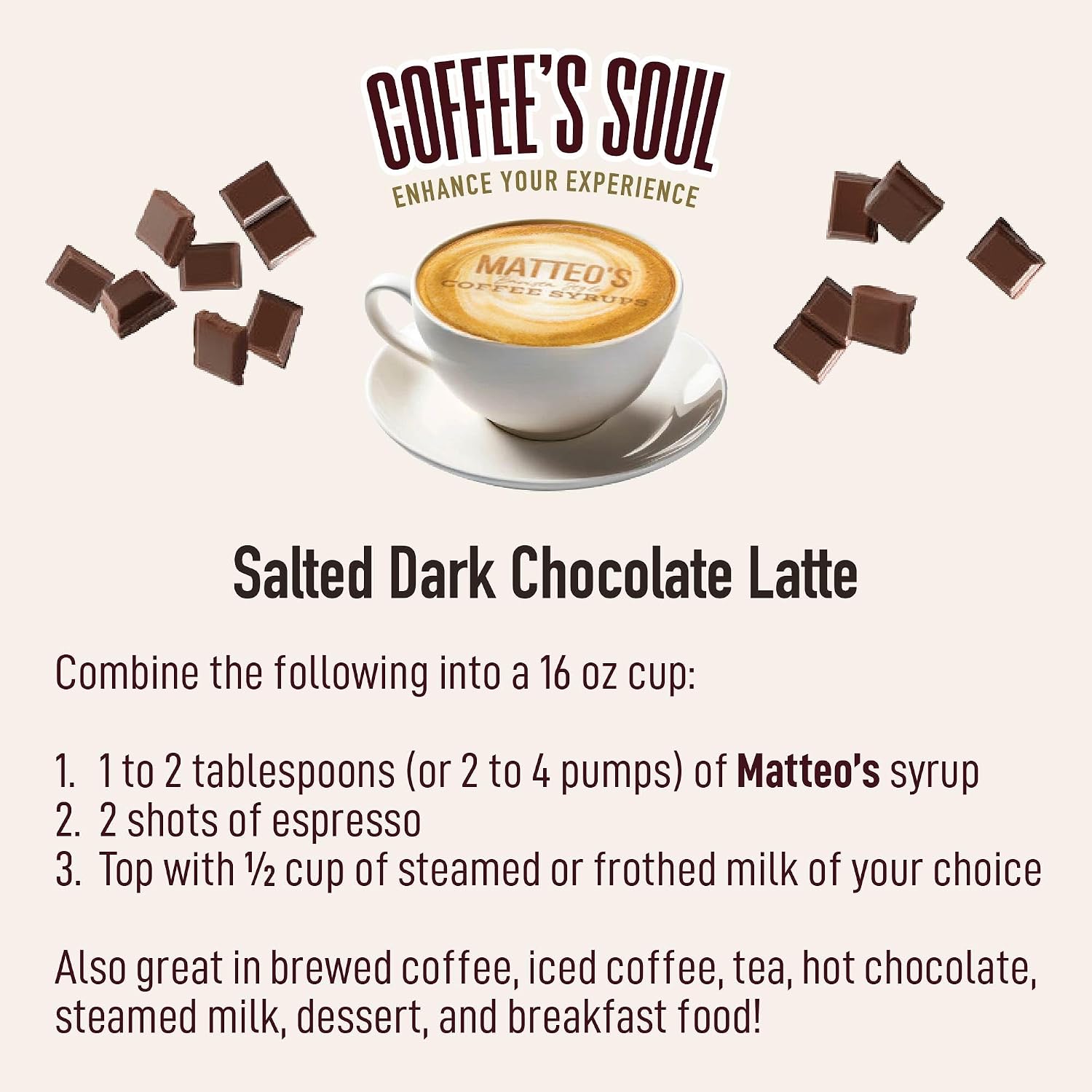 Matteo's Salted Dark Chocolate Syrup for Coffee, Lattes, Cappuccinos & Desserts – Sugar-Free Sweetener for Beverages, Keto Friendly, Zero Calories, Indulgent Flavor, Non-Alcoholic, 33.8oz (6pk)