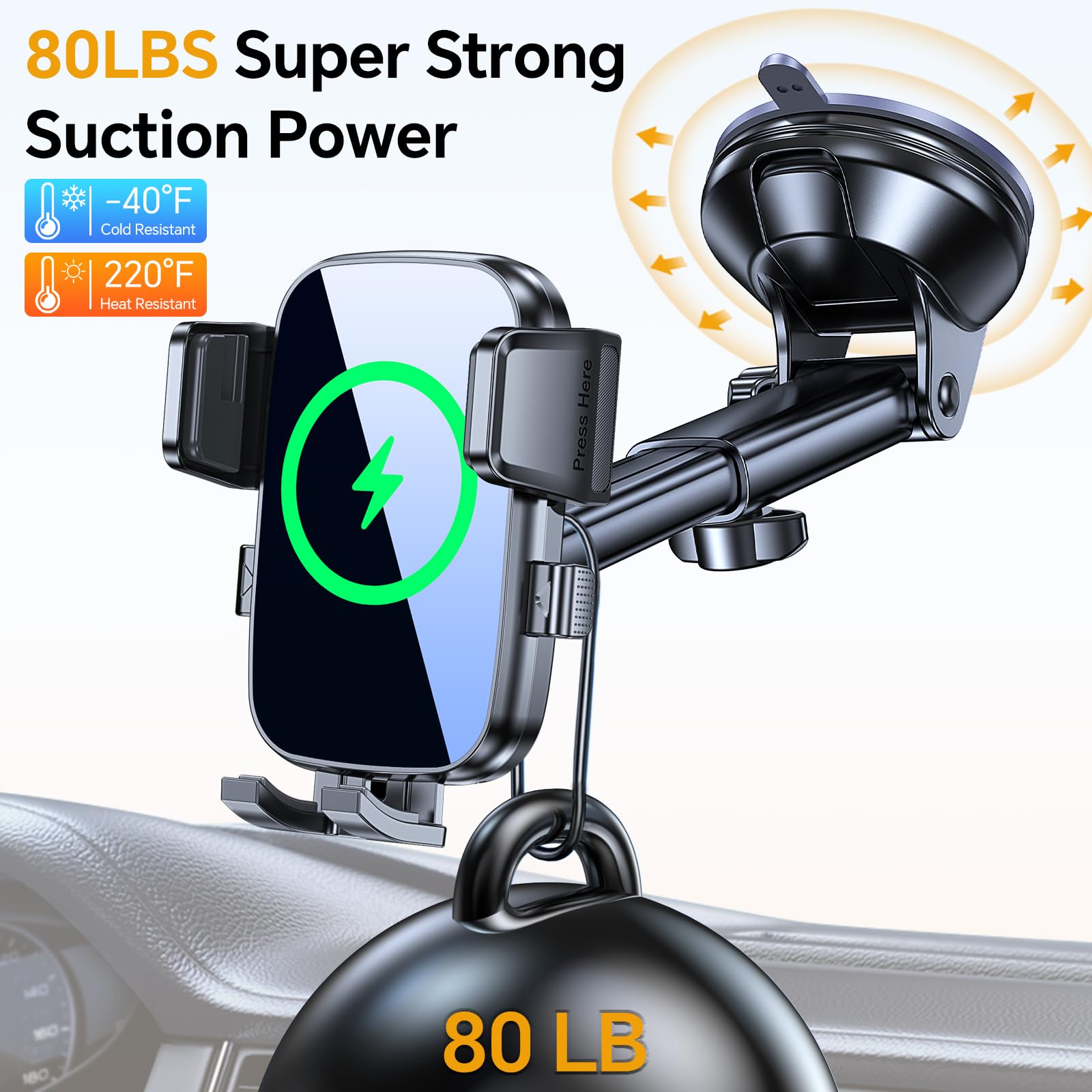 Caricatore Wireless Auto 15W Ricarica Wireless Auto Supporto Telefono Automobile Rotazione 360° per iPhone 11 12 13 14 15 16 Serie & Samsung S24 S23 S22