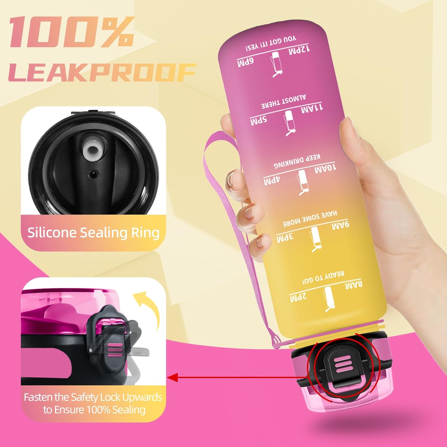 Grsta Drinking Bottle 1 Litre, Bottle with Straw, Sports Water Bottle for Adults, Leak-Proof Drinking Bottle, Can Be Carried, Water Bottle with Time Marking, for Camping, Hiking, Fitness, Yellow/Pink