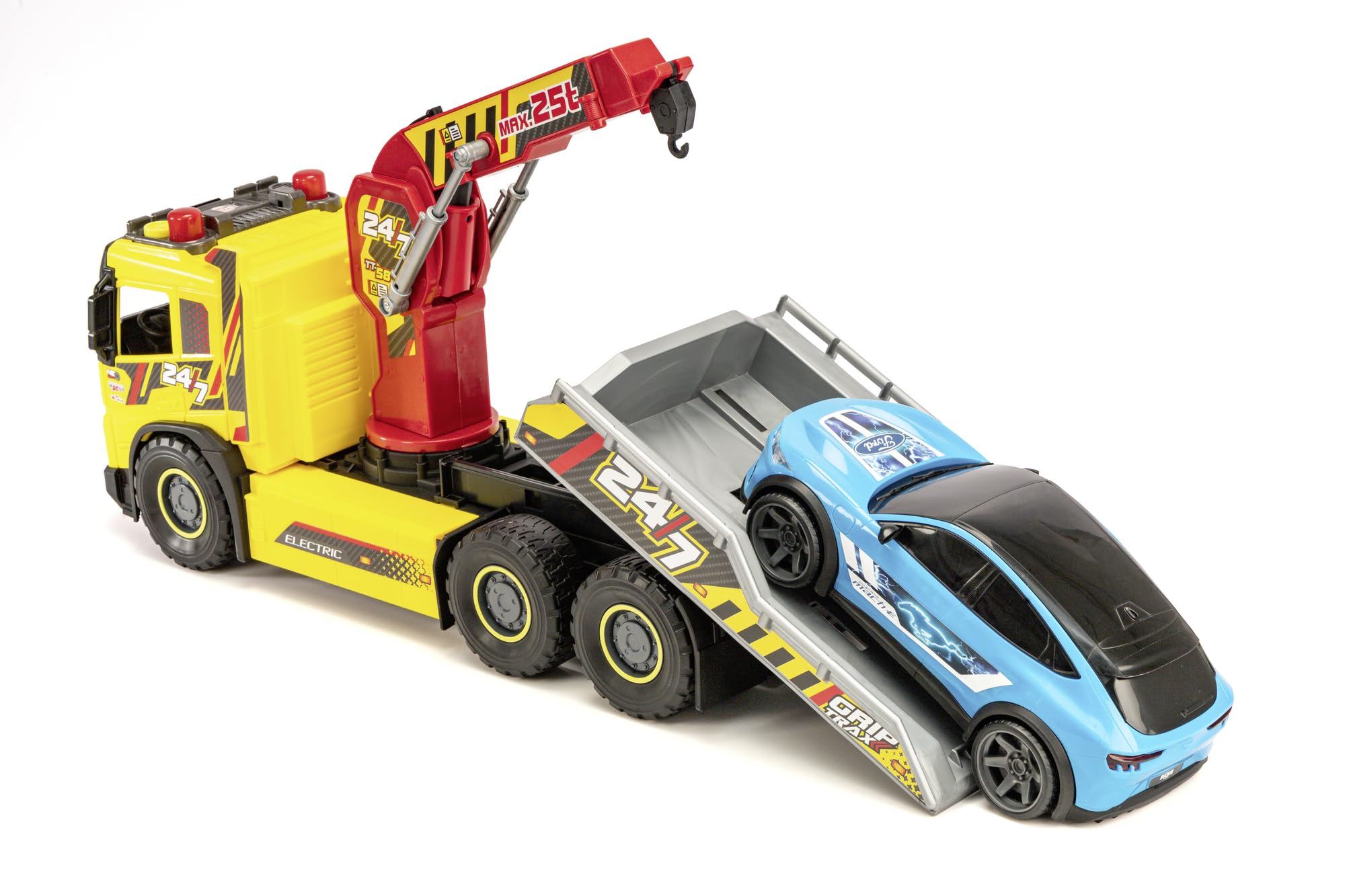 Dickie, Volvo FMX grúa con Coche Ford Mustang Mach-E 54 cm, Rueda Libre, Luces y Sonido, grúa basculante Manual, Zona de Carga, Licencia Volvo, 3 años (203749039)