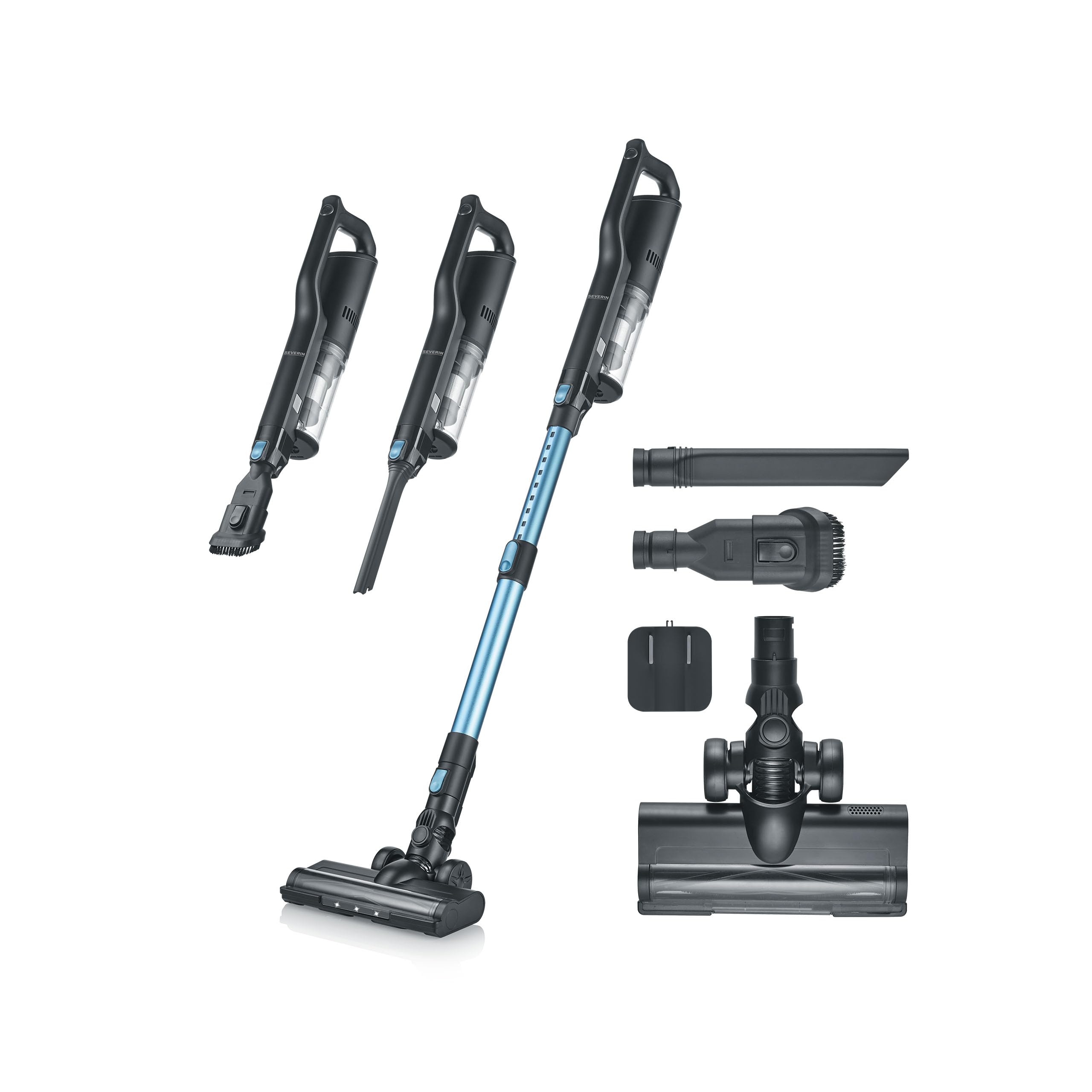 SEVERIN Kabelloser Akku-Staubsauger, 50 Min Laufzeit, 300W, für Tierhaare und Allergiker, LED-Beleuchtung, höhenverstellbares Saugrohr, S’Power Slim, blau, schwarz, Silber, HV 7151