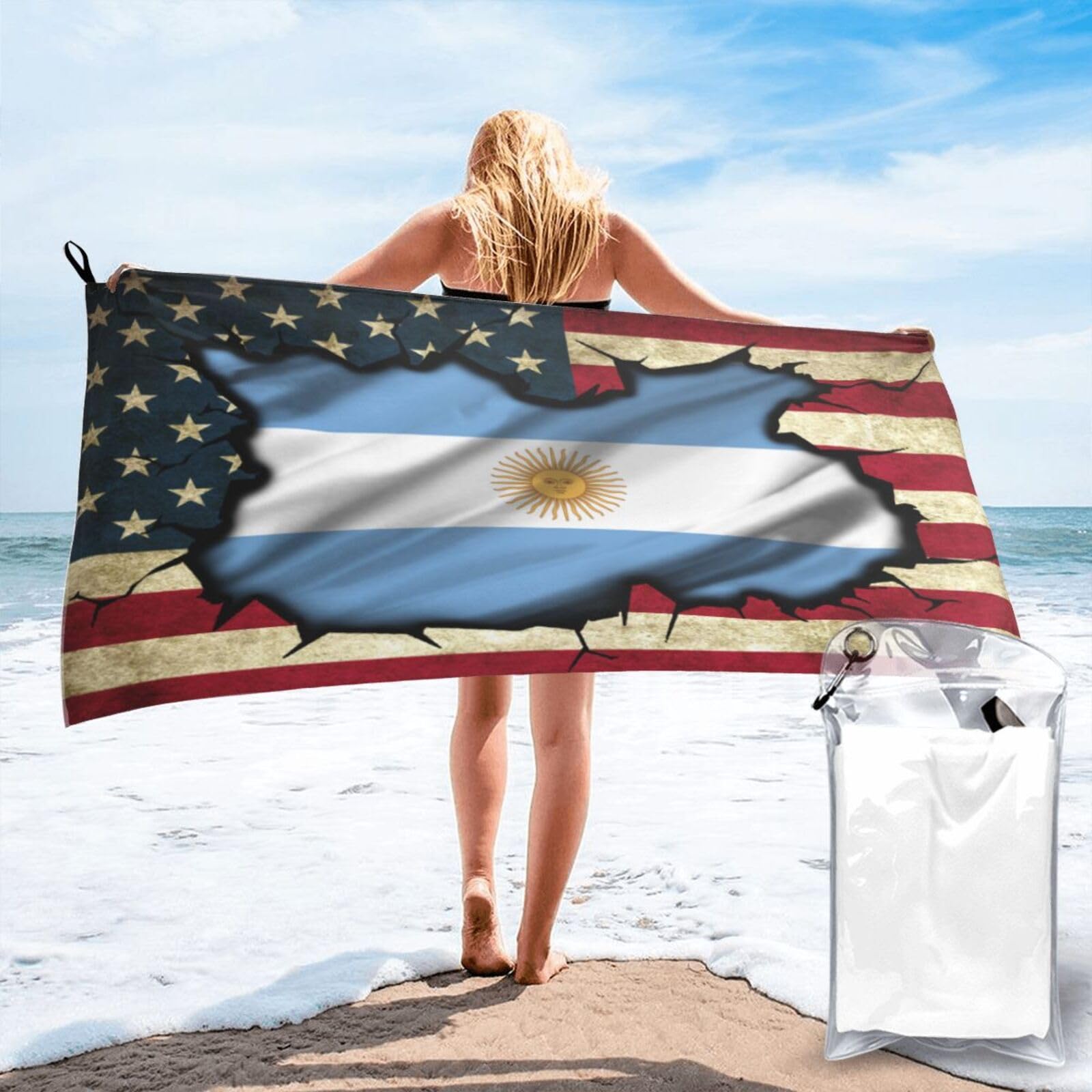 HACXZ Vintage America Flag and Argentina Flag Absorbent Beach Towel Microfiber Beach Towel Lightweight 31.5"X63"