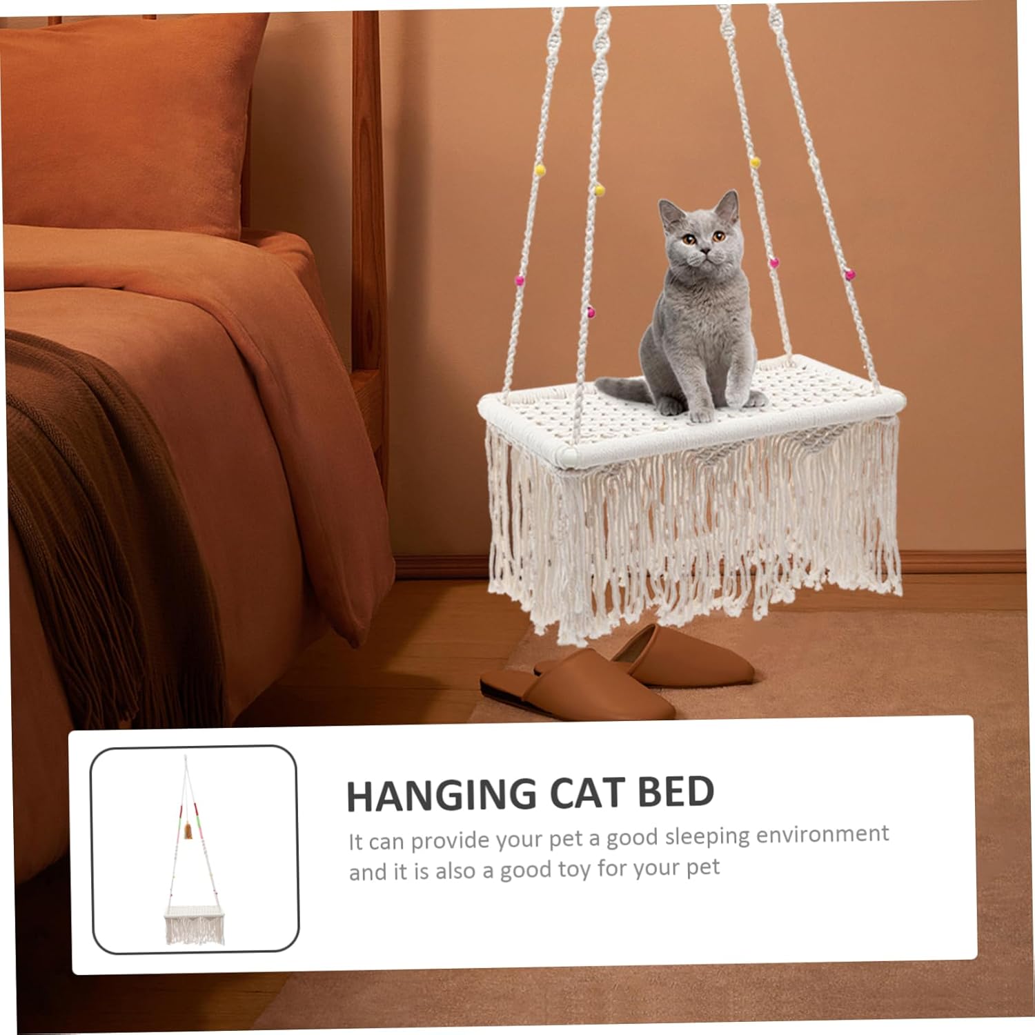 GANAZONO Macrame Cat Hammock Bed Hanging Cat Bed for Indoor Use Soft Comfortable Kitten Swing Decorative Tassels for Pets and Breathable Material
