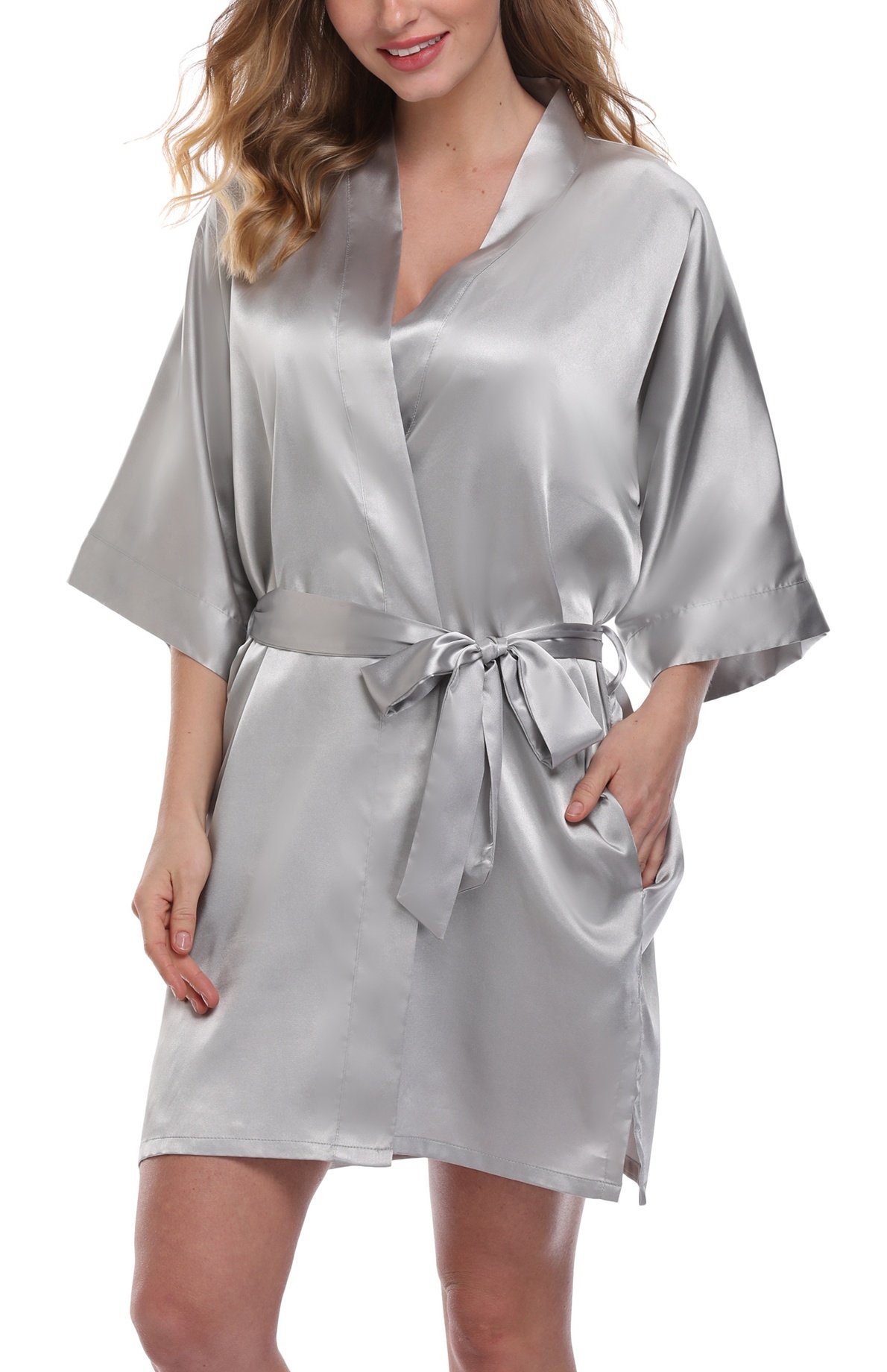 Women's Pure Color Satin Kimono Robe Short Bridesmaids Robe Dressing Gown - White - L-x-L