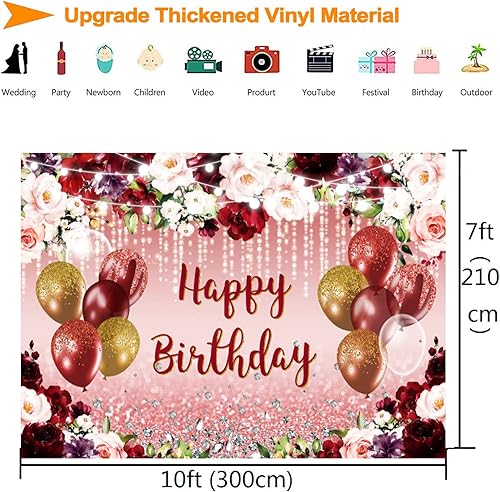 Miniatura 8 de InMemory Telón de fondo floral burdeos de feliz cumpleaños para mujer, globos de oro rosa con purpurina, fondo de fotografía de cumpleaños, flor