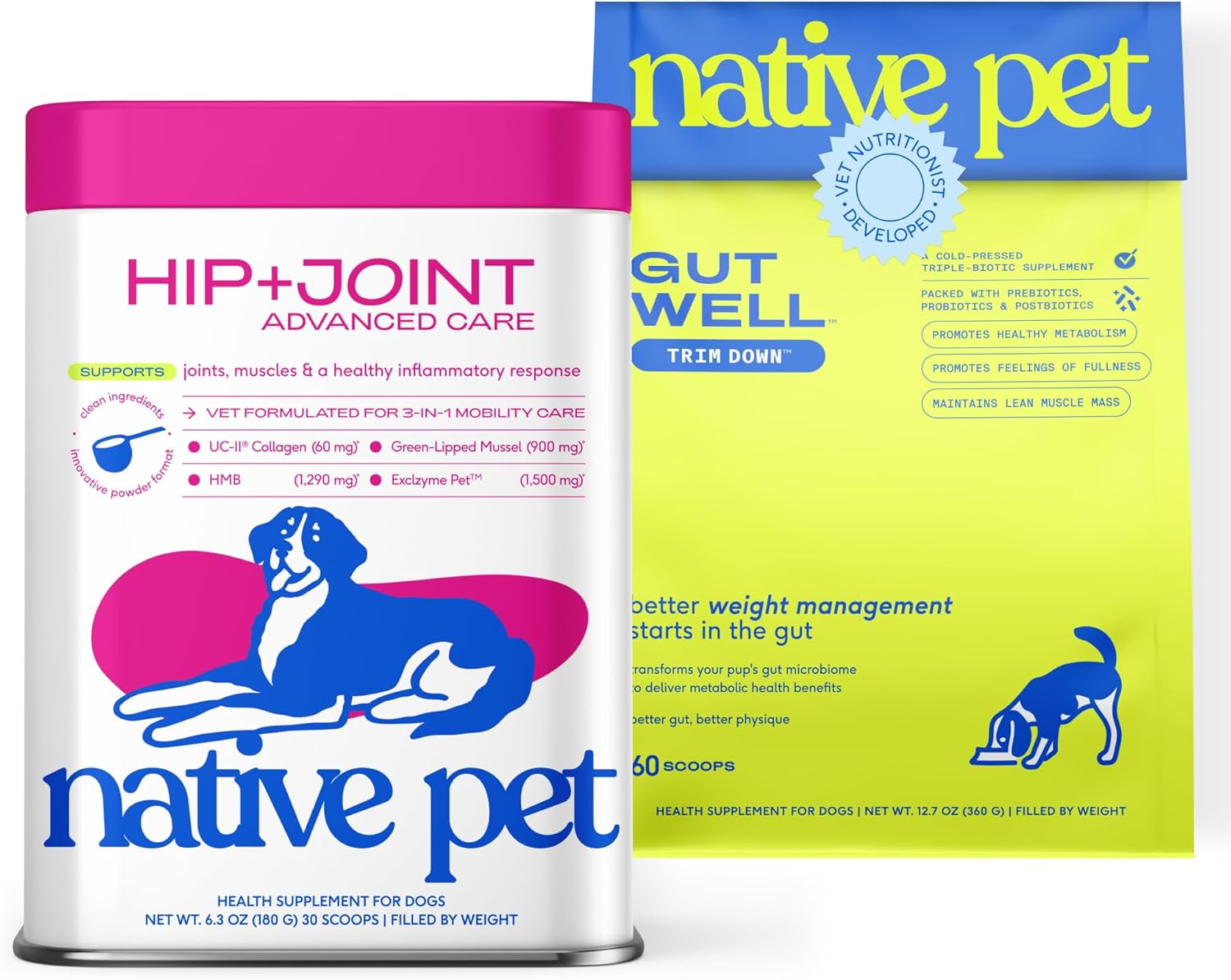 Native Pet Healthy Joints & Lean Muscle Pack: Hip & Joint Supplement for Dogs - Supports Joints, Cartilage, Muscles & Anti-Inflammatory - 30 Scoops & Dog Weight Loss Supplement - 60 Scoops