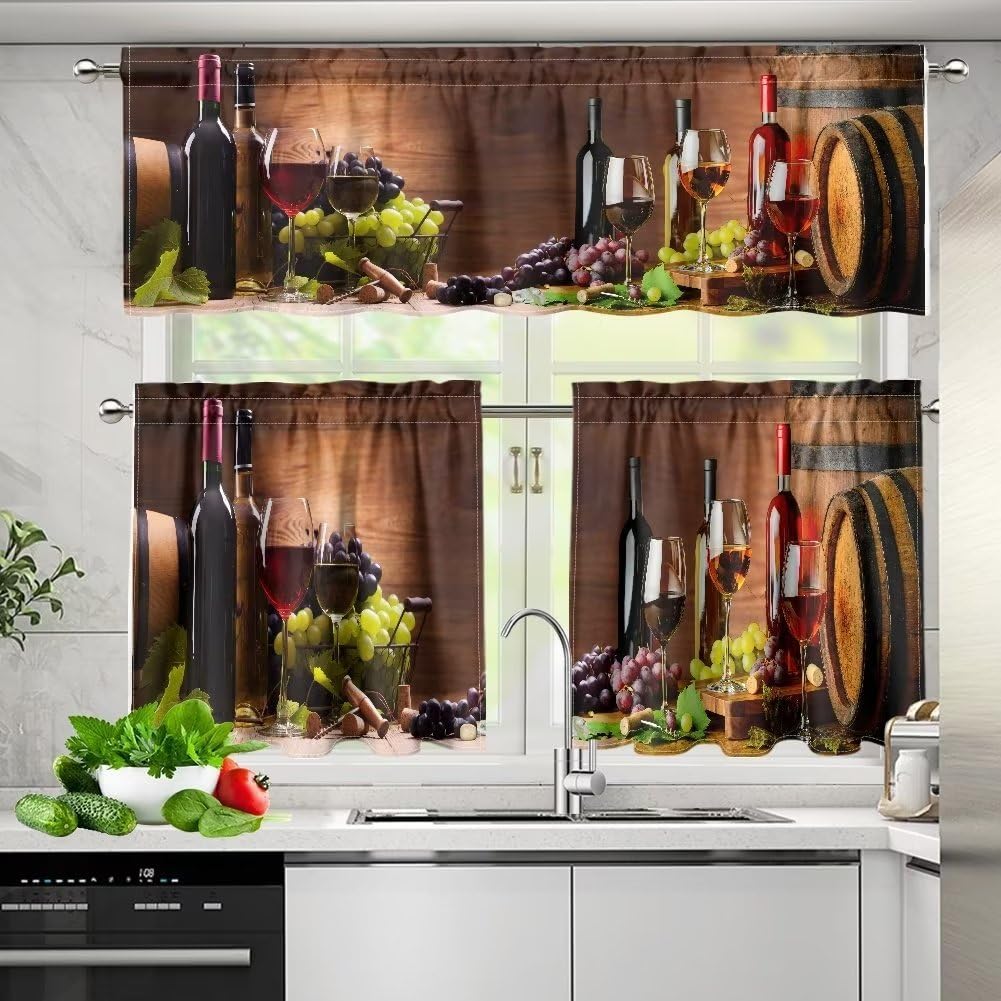 Wine Kitchen Curtains 3 Piece Set, Kitchen Window Red and White Wine Served with Grapes French for Cafe Kitchen and Bedroom(24" L Tiers & 18" L Valance)