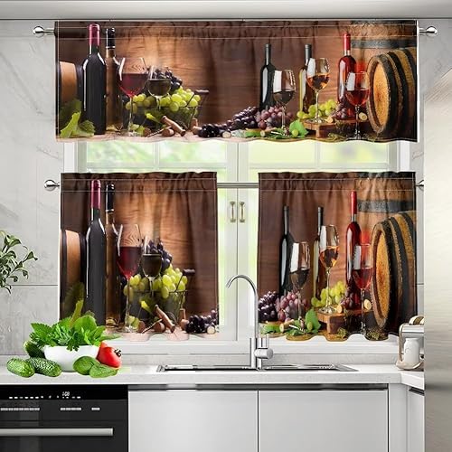 Miniatura 7 de Cortina de cenefa de vino, flores de vino tinto, frutas y nueces con vela, romántica cenefa de cortina para cocina, comedor, comedor, decoración del